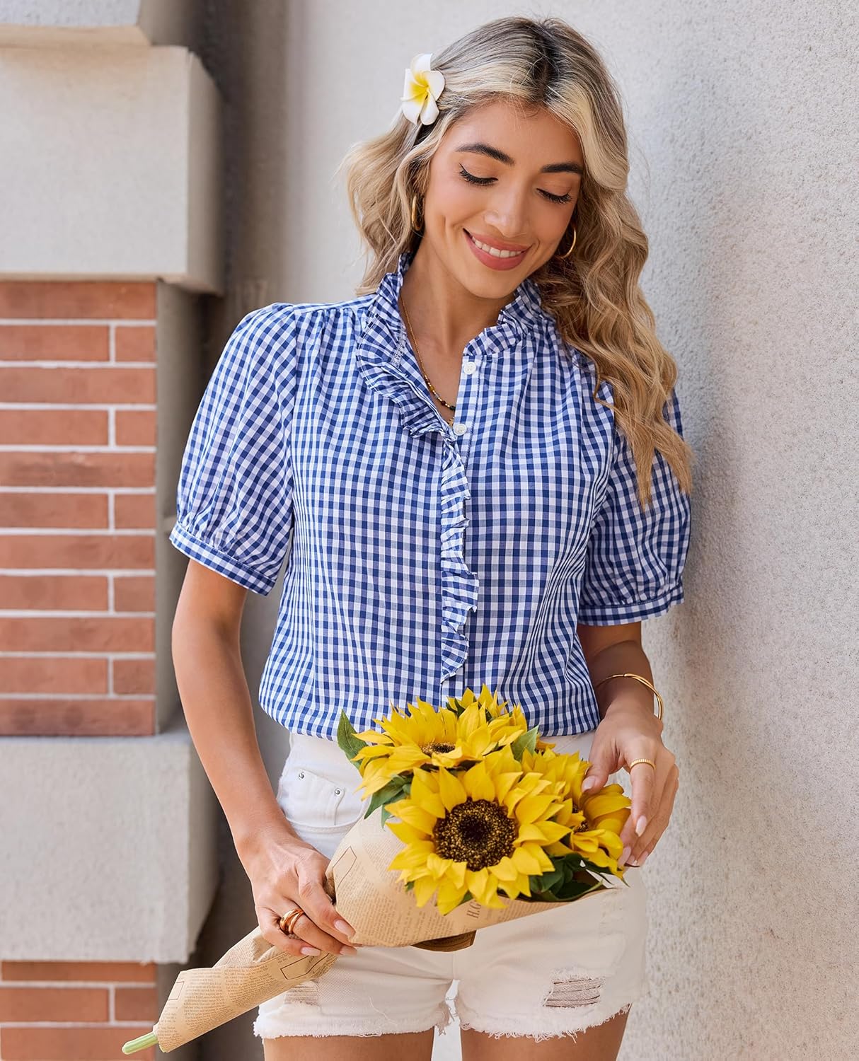 siliteelon Womens Plaid Shirts Gingham Top Short Sleeve Button Down Ruffle V Neck Dress Shirts Cotton Casual Work Blouse - Image 3