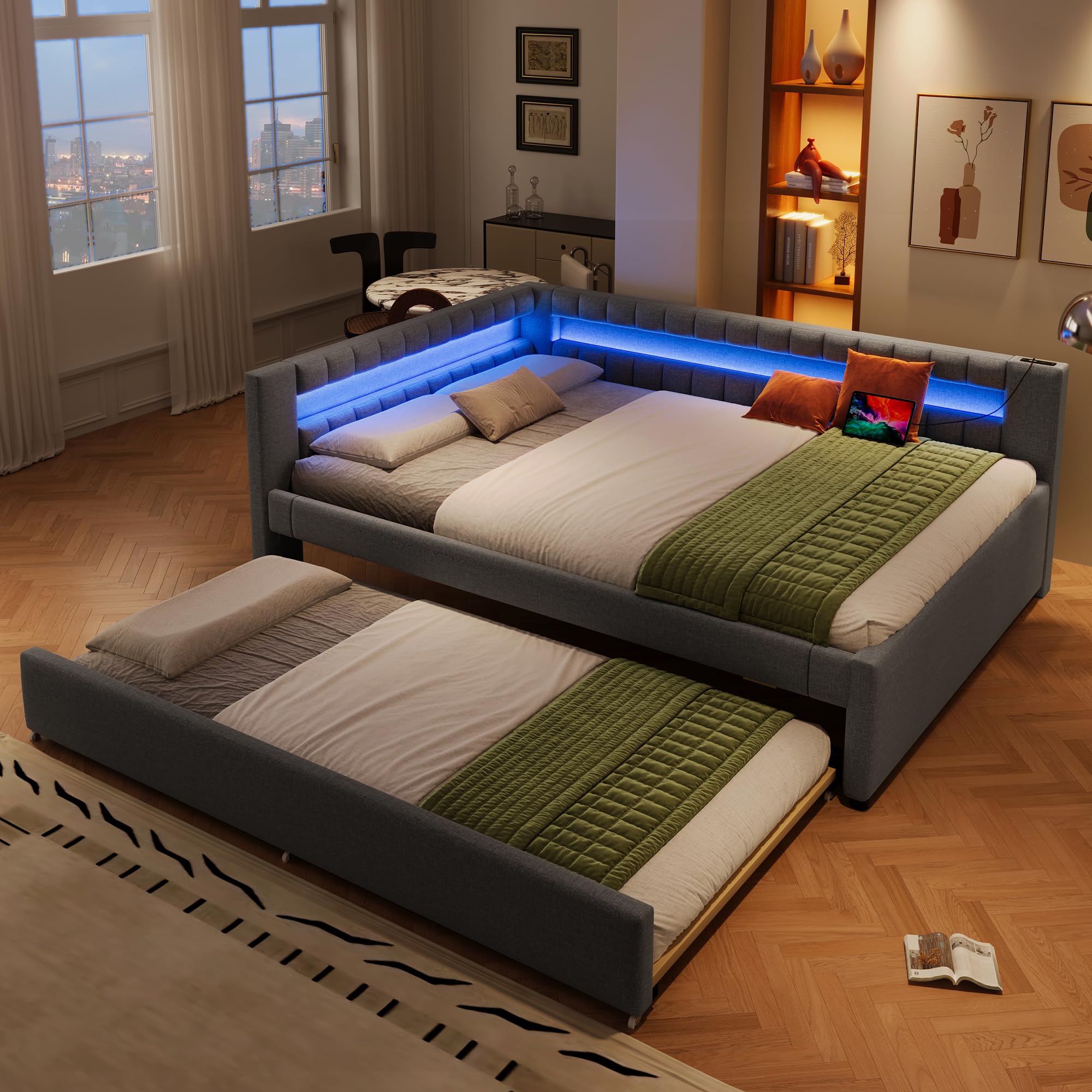 Kebnor Dagbed met uittrekbaar bed, slaapbank, eenpersoonsbed, tweepersoonsbed, fluweel, van kleur verwisselbare ledstrip, 90 x 200 cm (180 x 200 cm) (zonder matras) (beige