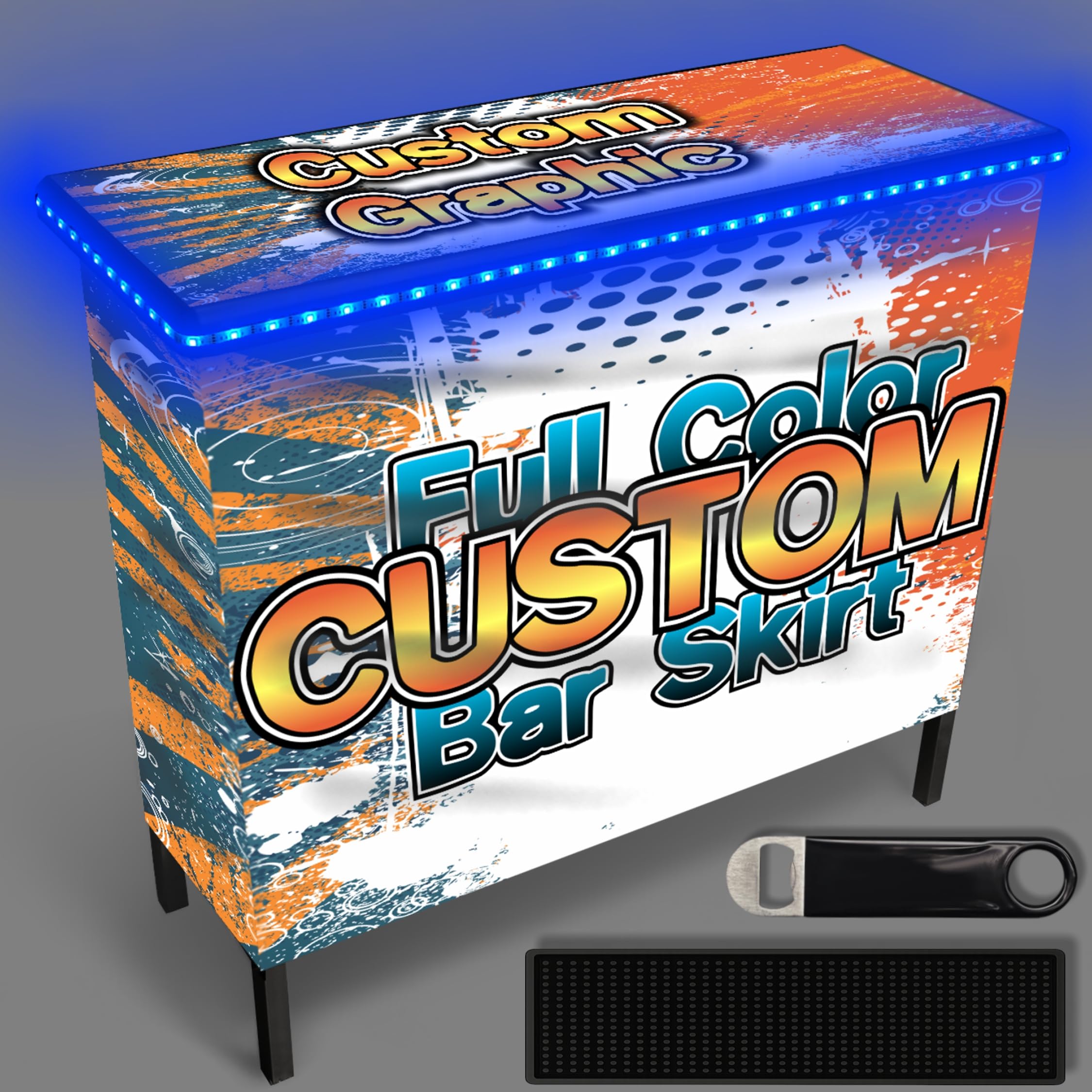 PartyLife NEW &amp; Improved Portable Bar Table w/LED Lights, Folding Steel Legs, 2 Bar Skirts, Supportive Storage Shelf &amp; Carrying Case - Custom