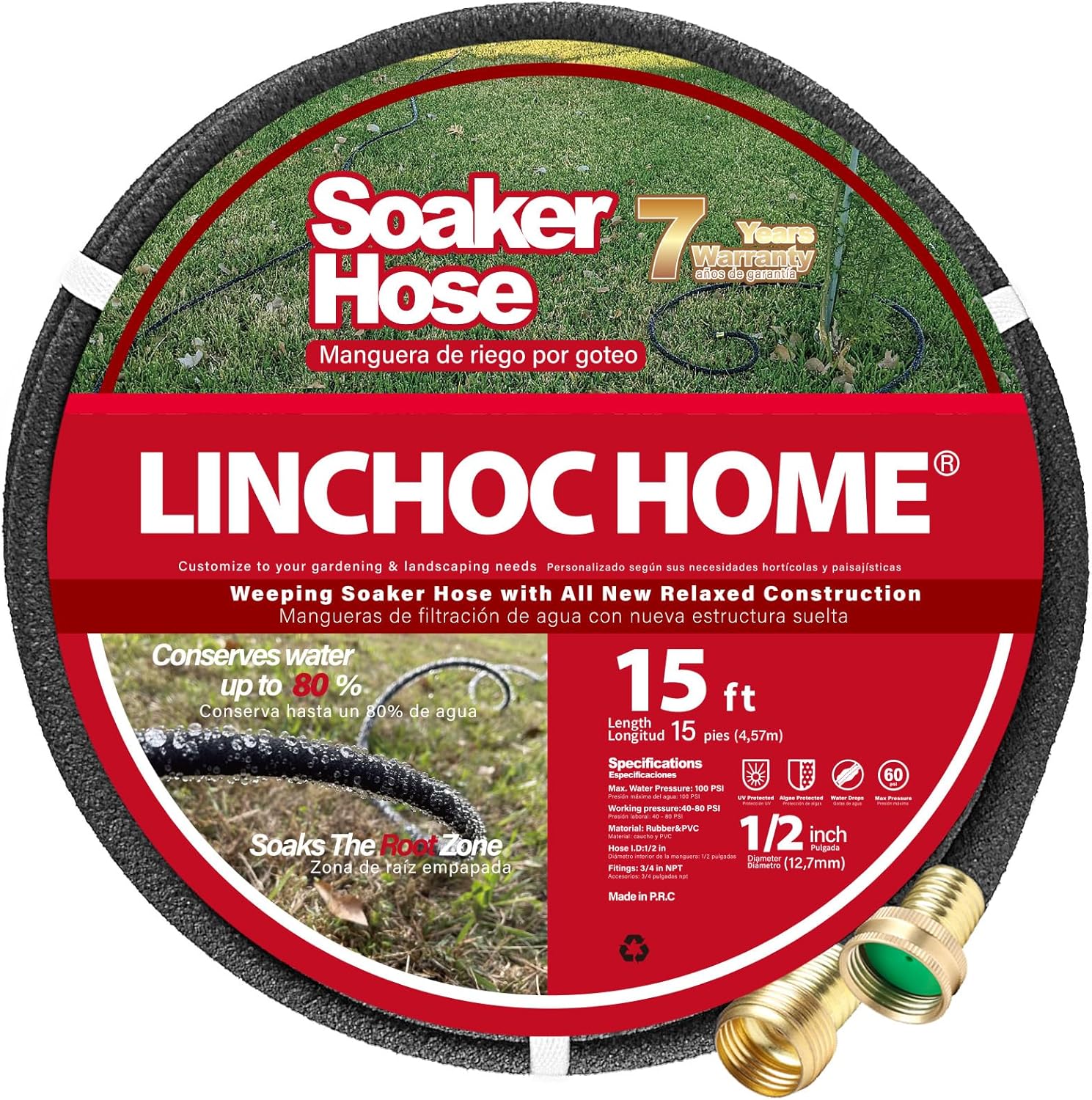 Soaker Hose 150FT 1/2 Inch with Solid Brass Connectors & Garden Stakes Kit, Flexible Leakproof Irrigation System for Garden, Lawn & Landscape