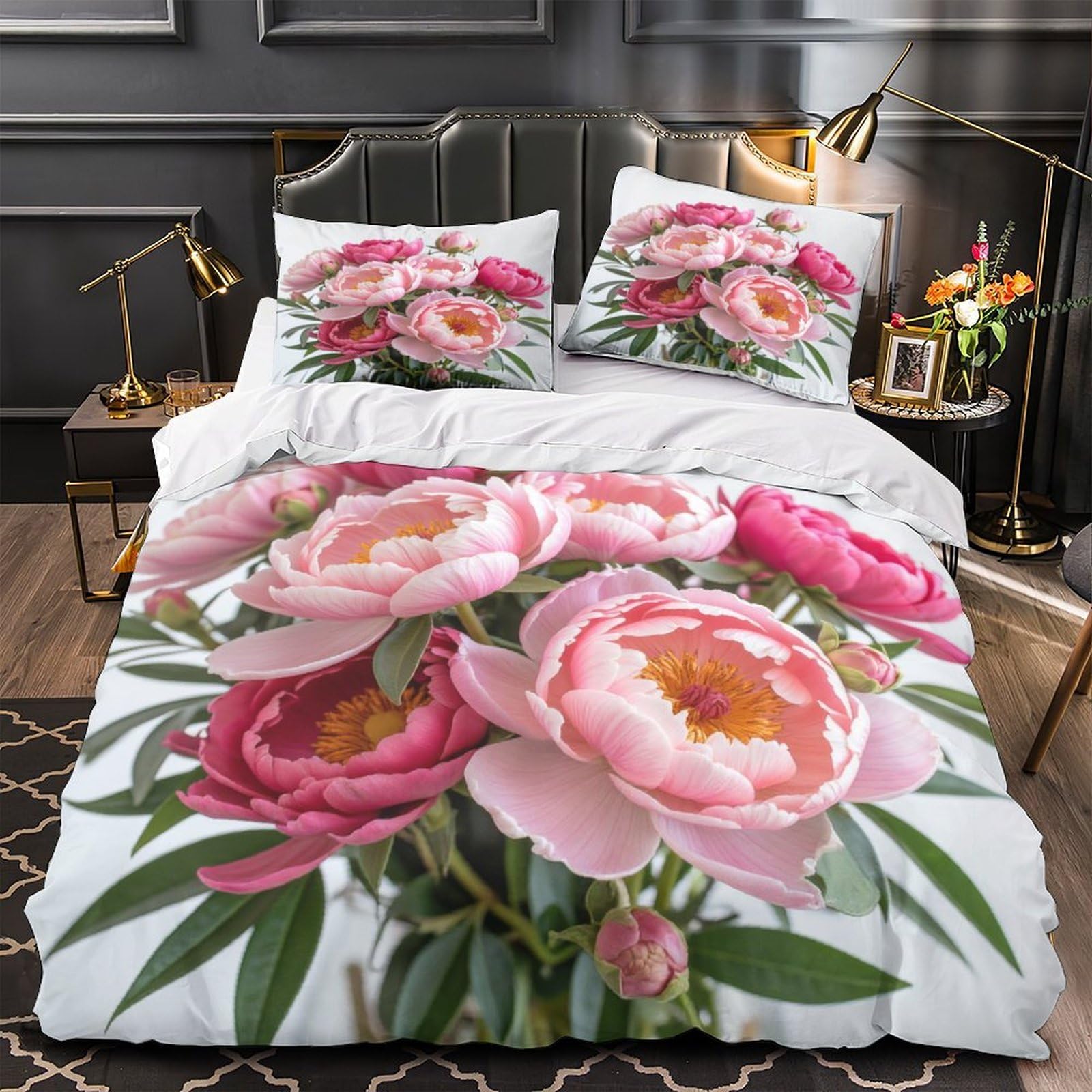 Housse de couette pivoines roses super douce parure de lit microfibre haut de gamme