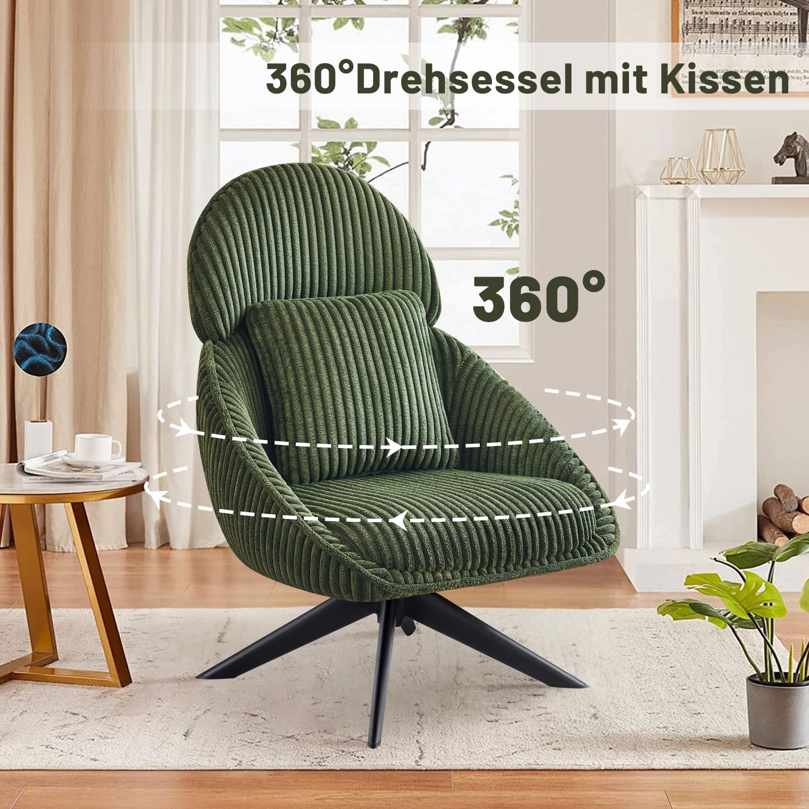 Loungesessel Sessel Wohnzimmer 360°Drehbar, Ohrensessel Armlehnstuhl Polsterstuhl mit dickem Abnehmbares Wurfkissen, Lesesessel Relaxsessel für Wohnzimmer Schlafzimmer Büro, Grün