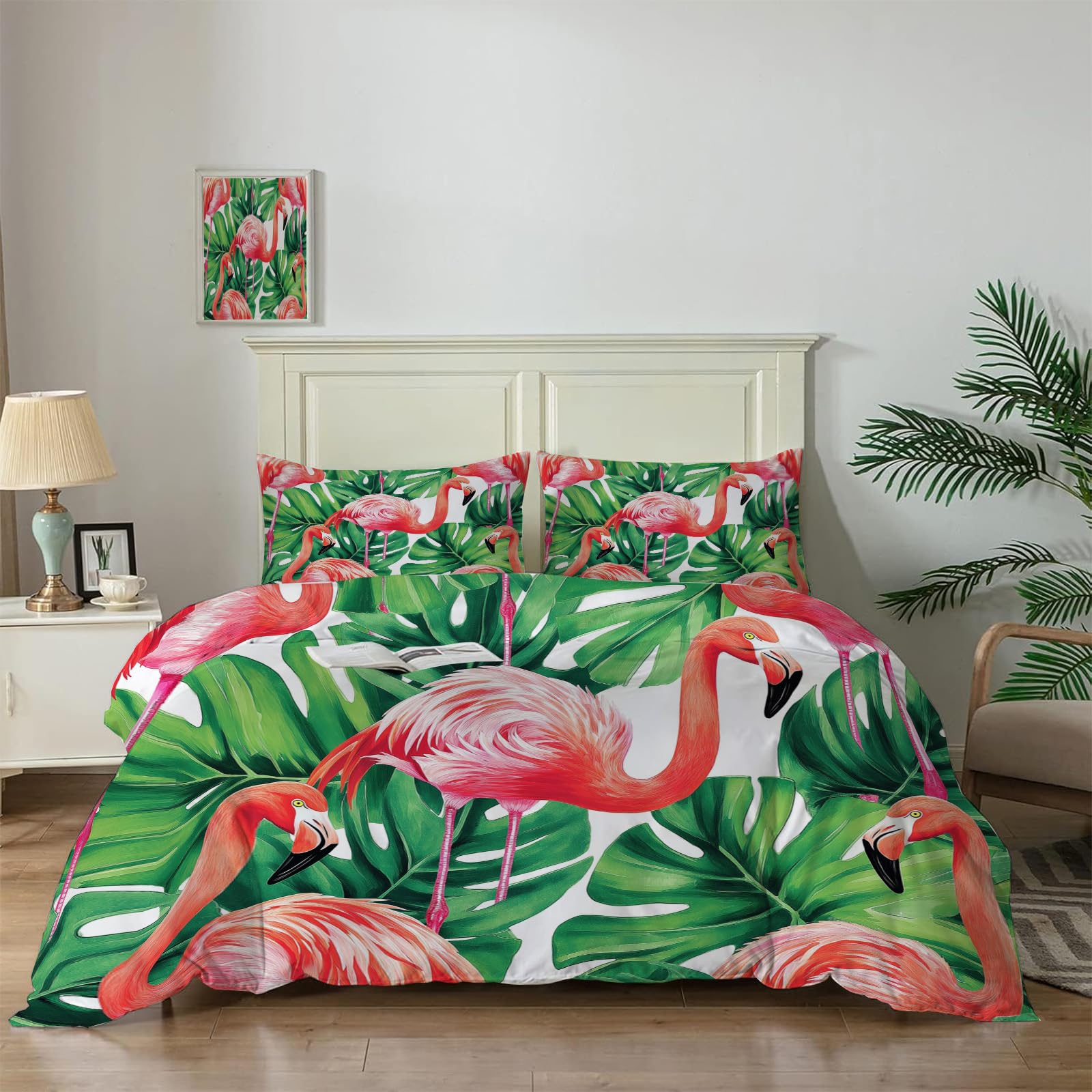 Housse de couette imprimée flamant rose et feuilles de palmier aux couleurs vibrantes