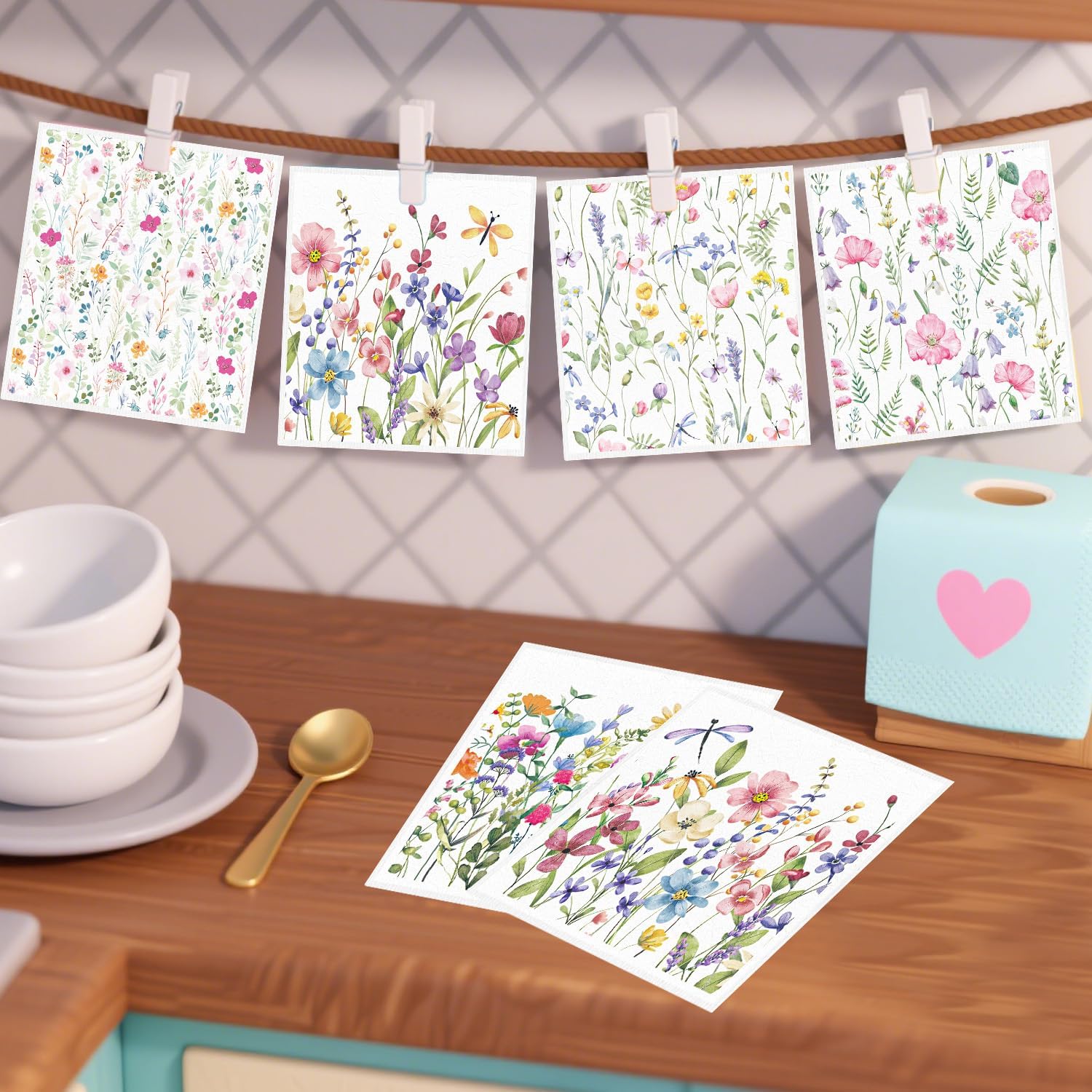 Swedish Dishcloths for Kitchen, 6PCS Wildflower Cellulose Sponge Reusable Paper Towels Washable, Flower Absorbent Fast Drying Swedish Dish Cloth for Home Cleaning - Image 5