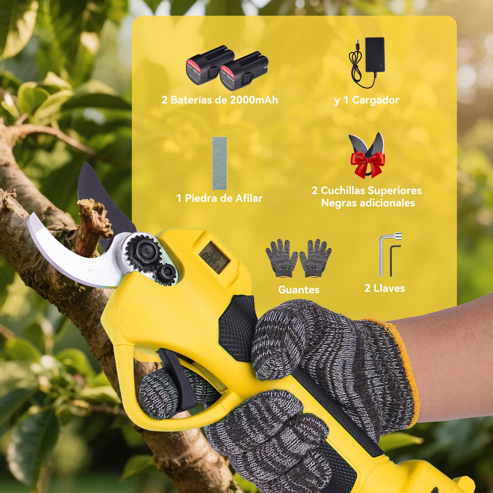 Tijeras de Podar Eléctricas 35mm Profesionales Tijeras de Podar con Baterías 21V 2x 2000Amh Ultraligera SK5 LCD Motor para Viñedos, Olivos, Árboles Frutales Amarillo