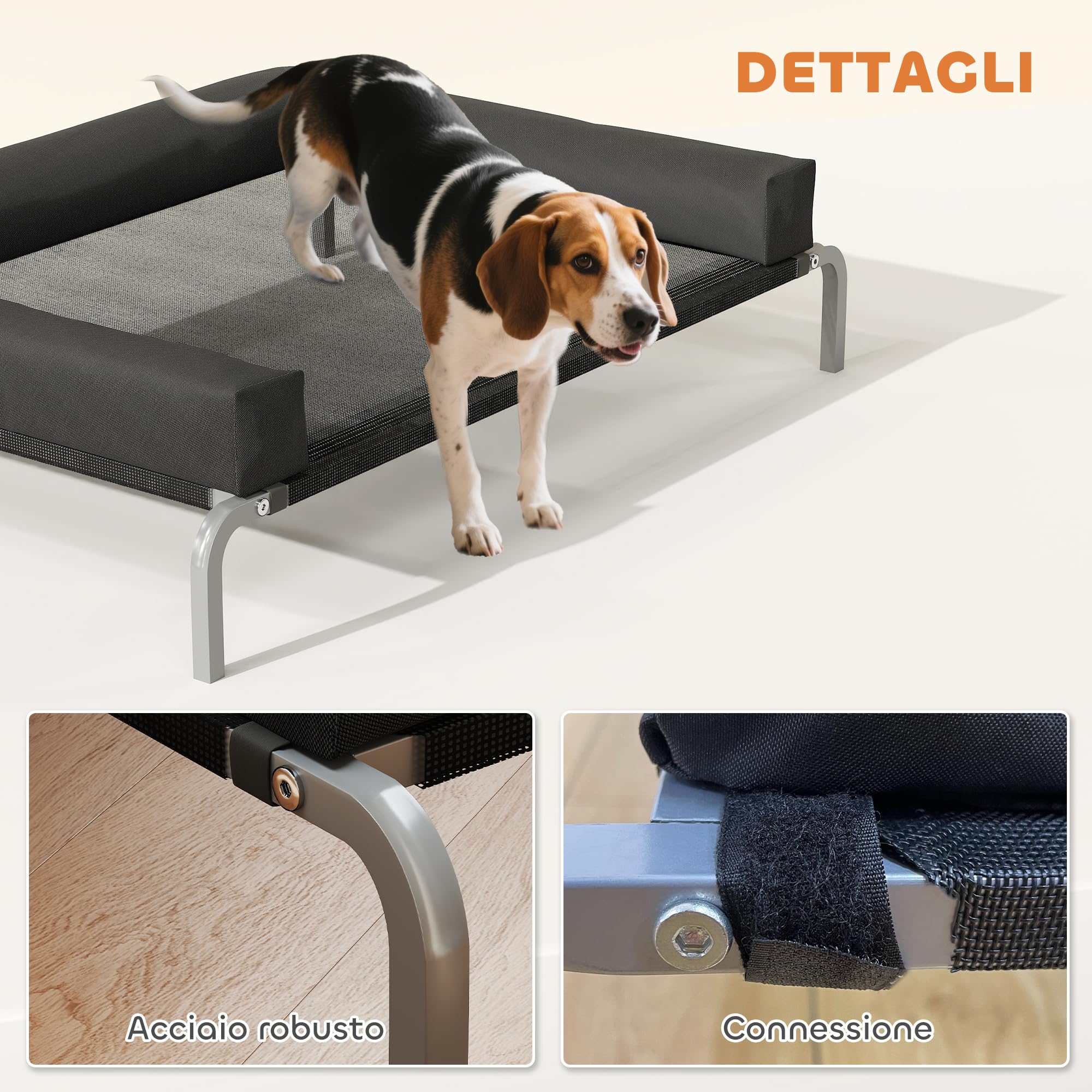 PawHut Brandina per Cani di 19.5 cm con Cuscino Lavabile a U, Lettino per Cani Rialzato in Tessuto Oxford, Texteline e Acciaio, Letto per Gatti da Interno, 110x75x30 cm, Nero e Argento