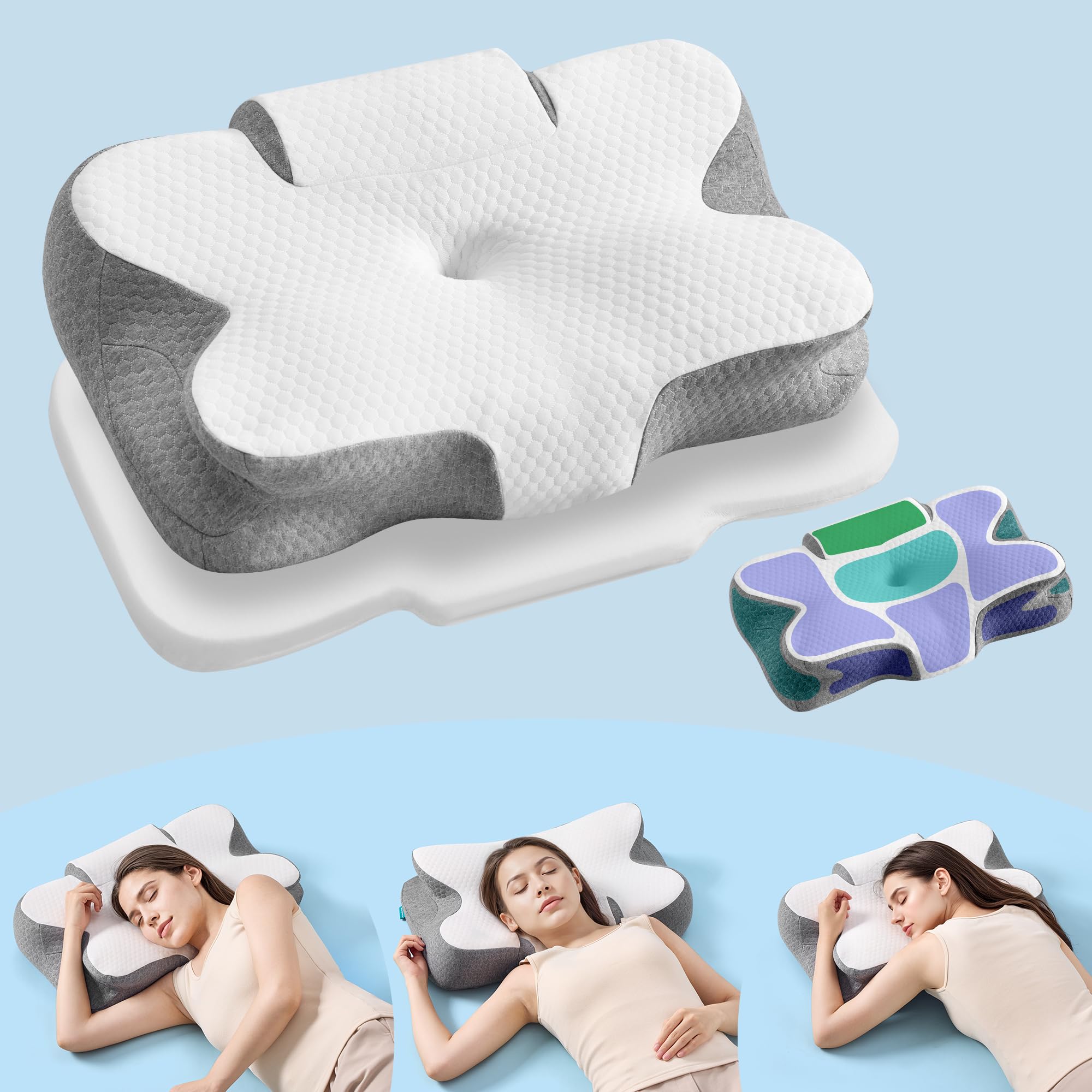 SONGMICS Kopfkissen, Kissen ergonomisch, Nackenkissen, höhenverstellbar, Schlafkissen, Memory Foam Kissen, für Seitenschläfer, Rückenschläfer & Bauchschläfer, wolkenweiß-Taubengrau TBP051GZ02