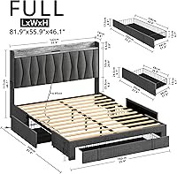 Vista 2 de ANCTOR Full Size Bed Frame with 3 Drawers, Upholstered Platform Bed with Storage Headboard and Charging Station, No Box Spring Needed, Easy
