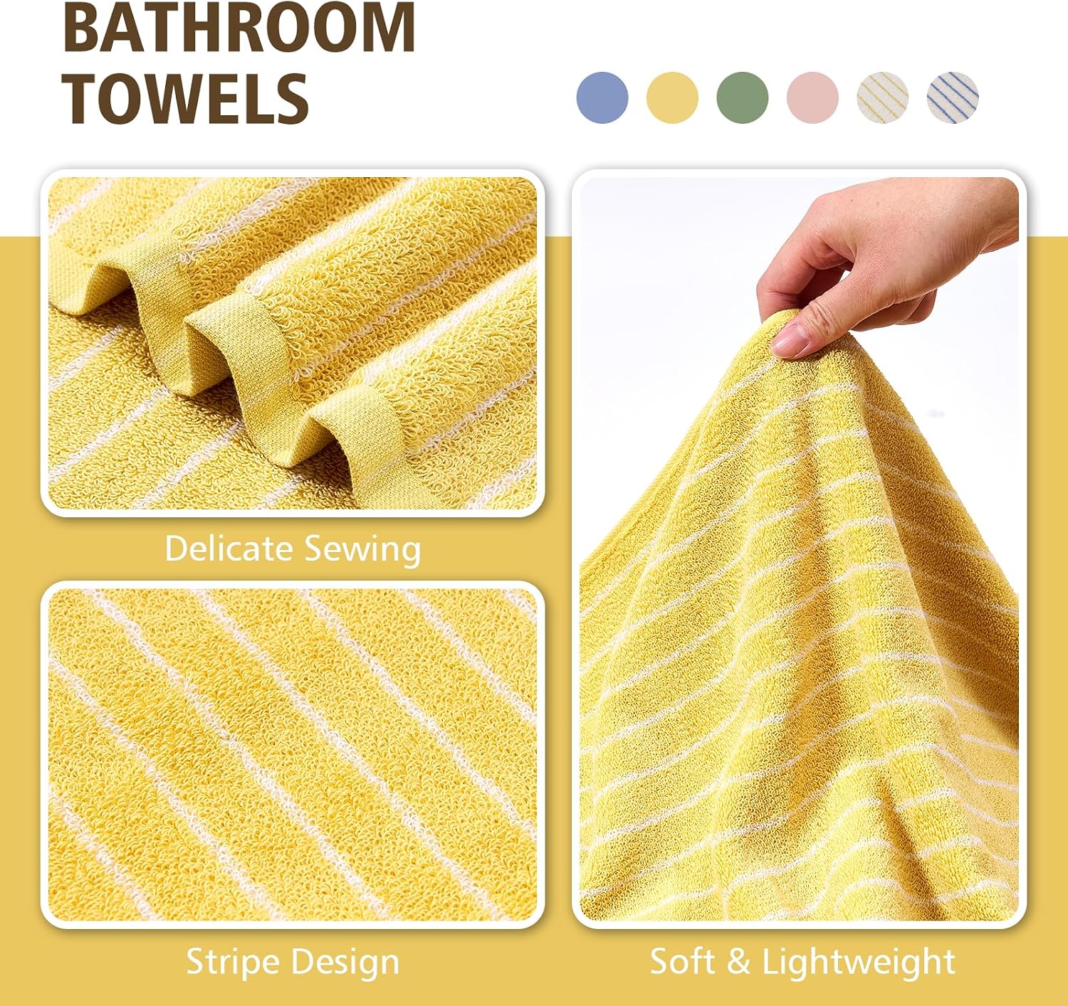 HEAVYWOOD Bath Towels Set of 2 Striped 100% Cotton Reversible, Soft & Absorbent Decorative Bath Towel for Bathroom Clearance (Yellow/White Stripe, 2Pack)