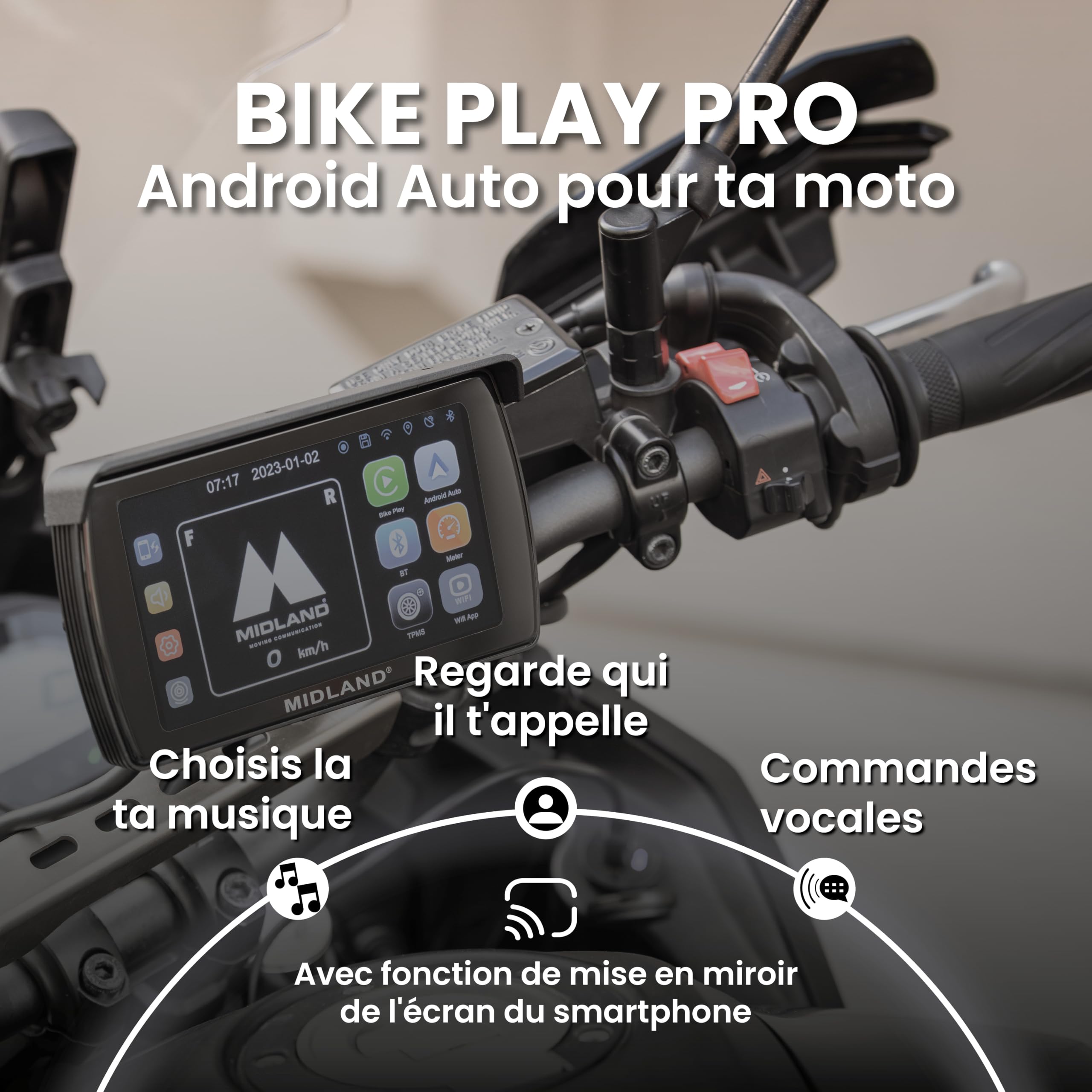 Midland - BikePlay Pro, Accessoires Moto Bluetooth - Navigateur Moto Écran Miroring Tactile 5,5" Compatible avec Android Auto et Carplay, Résistant IP67, Résolution Full HD, Accessoire Rétroéclairé