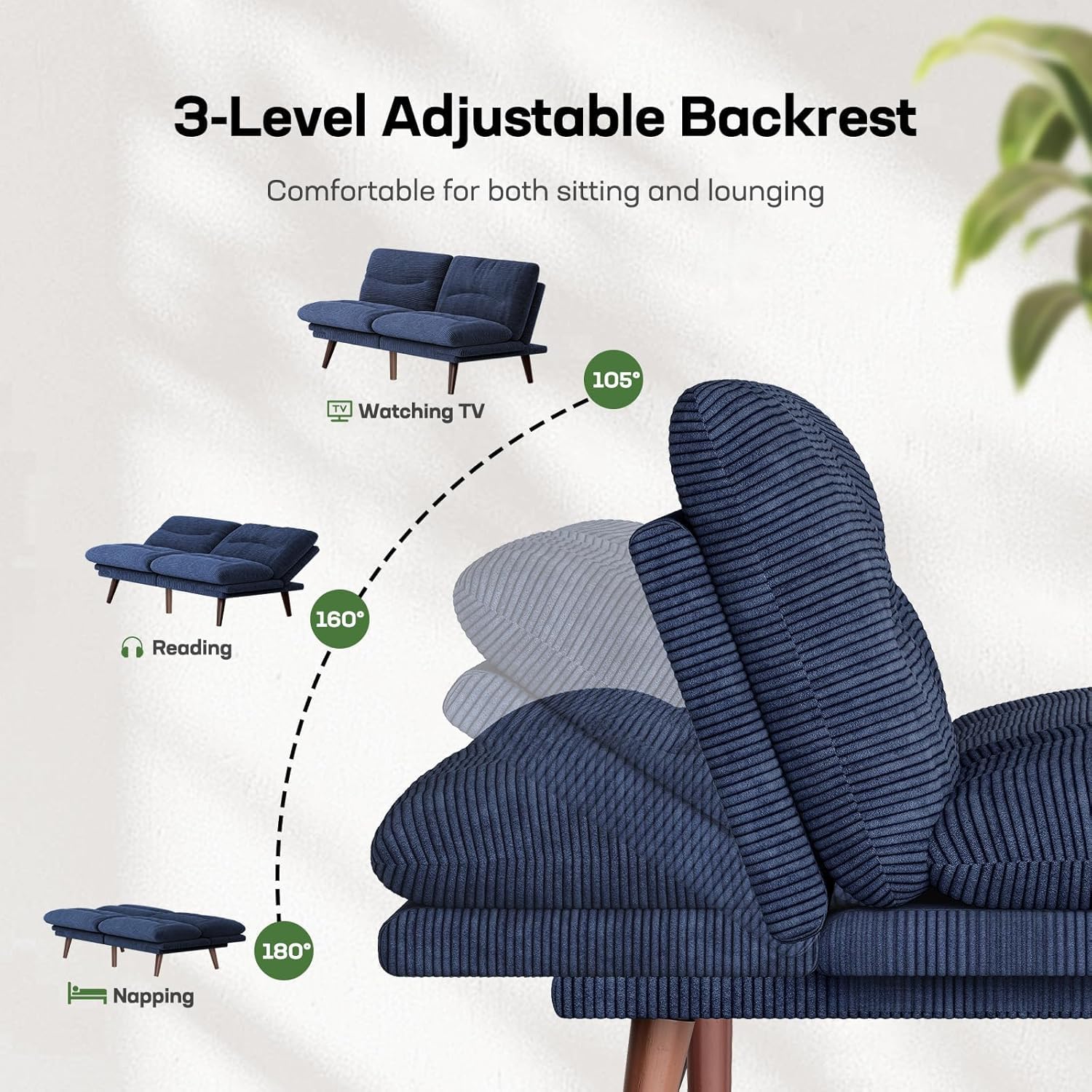 Marsail Futon Sofa Bed, 66” Futon Couch with Adjustable Backrest & Armrests, Convertible Small Sleeper Sofa Bed for Small Apartments, Study Room, Office, Corduroy Loveseat, Blue