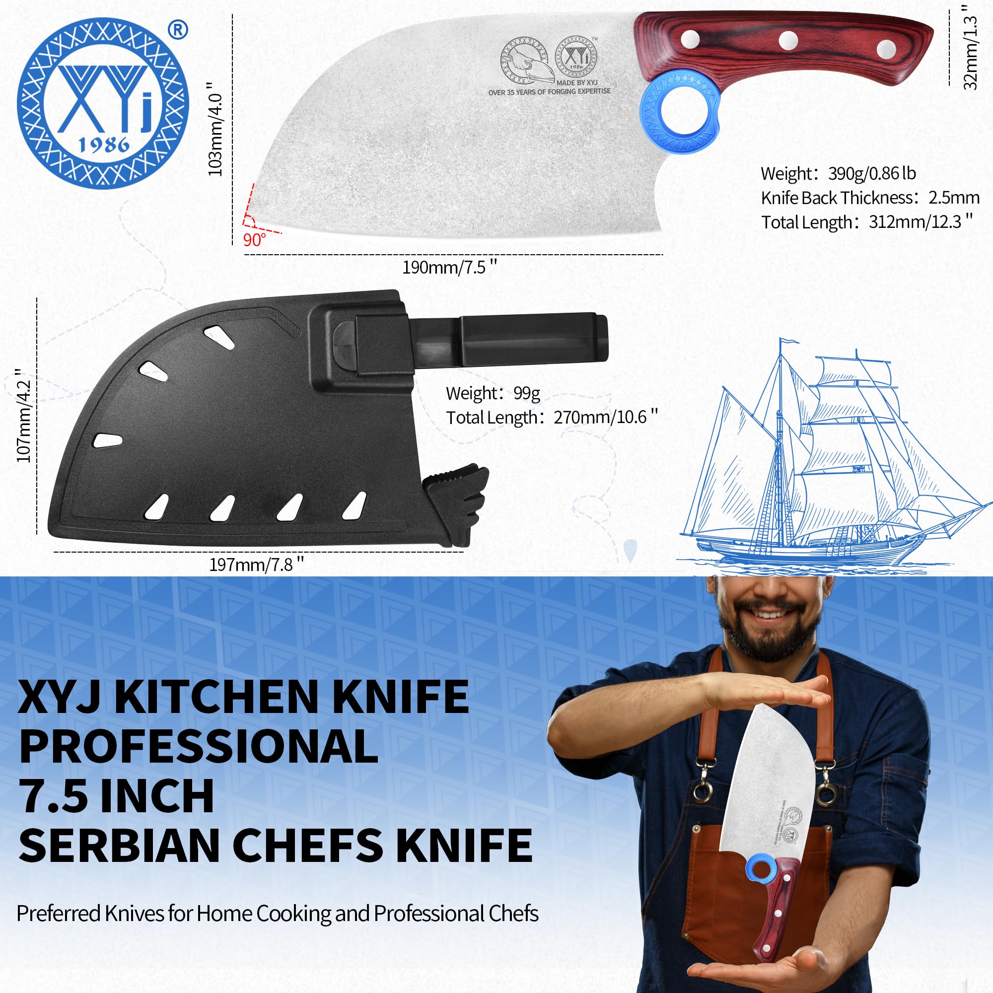 XYJ Autentico dal 1986, coltello da macellaio serbo con fodero, coltello da chef con verdure, manico in legno con fodero, per il campeggio all'aperto