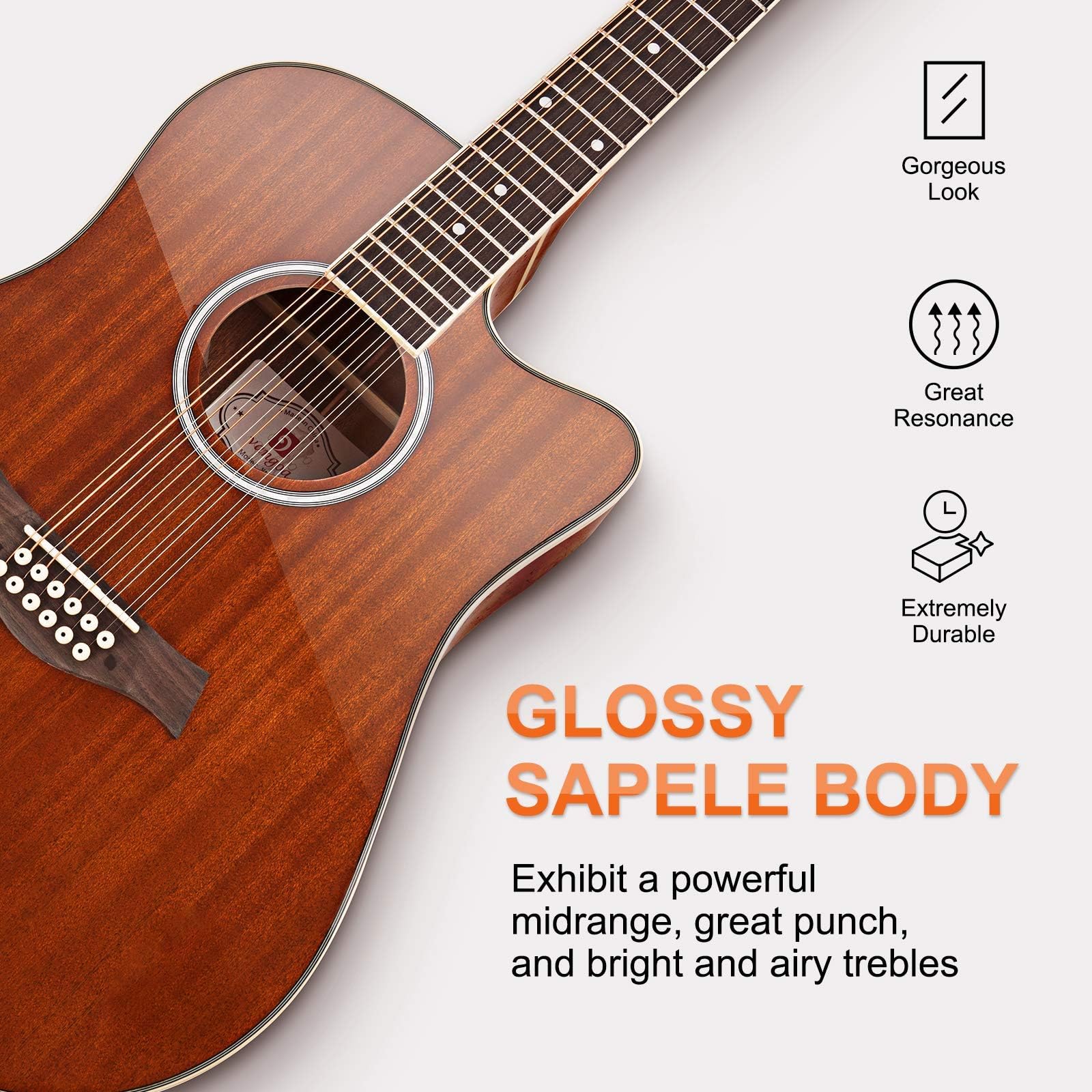Vangoa gitara elektroakustyczna 12 strun dla początkujących, średniozaawansowanych, dorosłych, nastolatków, 41 cali, korpus z Sapele, zestaw startowy z ulepszonymi elementami, dla praworęcznych