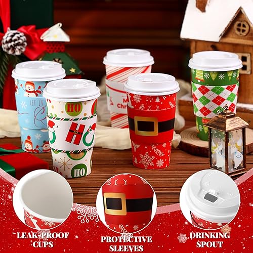 Miniatura 3 de Juego de 200 tazas de papel desechables de Navidad de 16 onzas con tapas, taza de café, fundas corrugadas, tazas de café aisladas de papel,