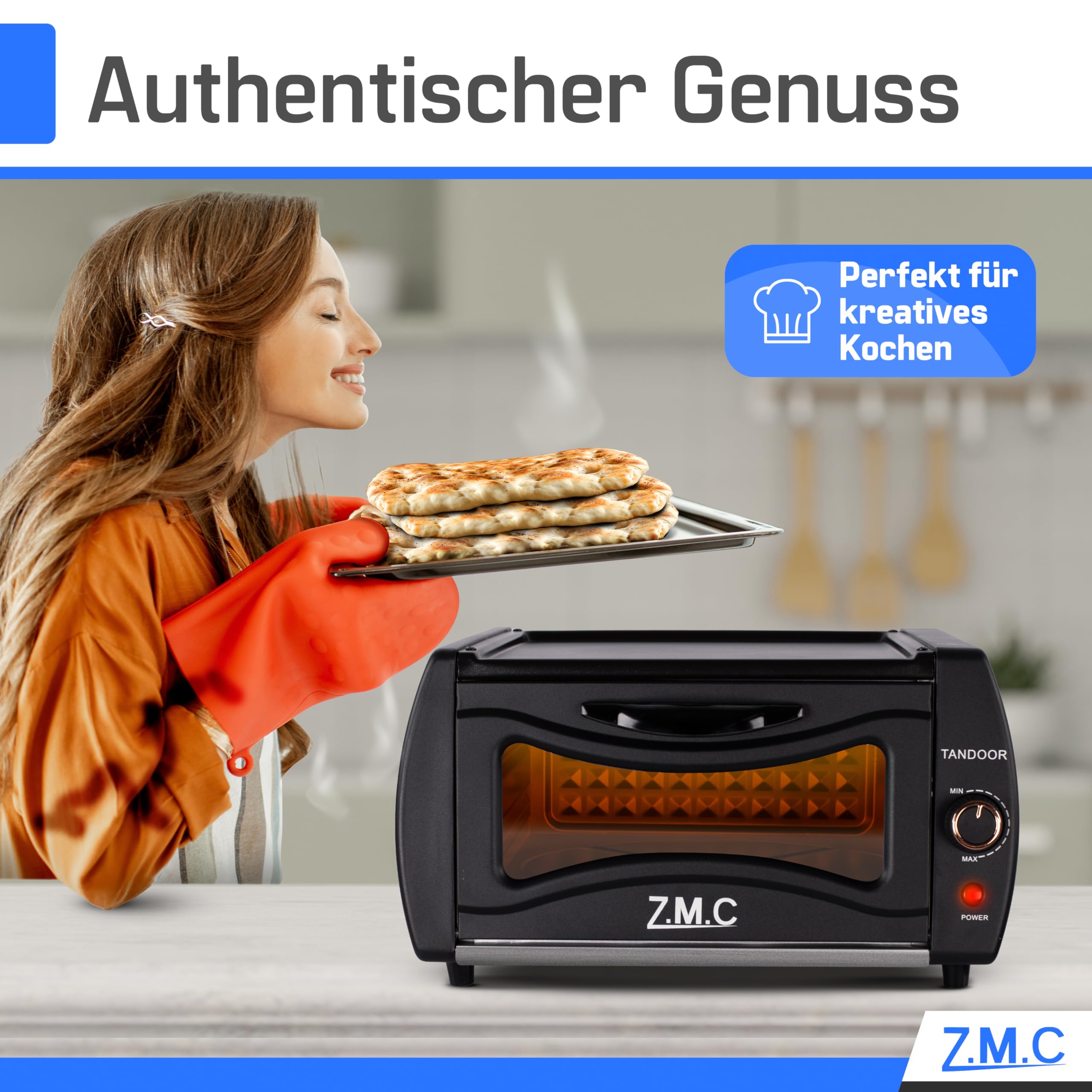 Z.M.C Mini Tandoor Backofen 2100W 22L | Minibackofen für Lahmacun, Börek, Pizza, Naan & Fladenbrot | inkl. Backblech & Grillrost | schnelles Aufheizen | für Zuhause & Küche