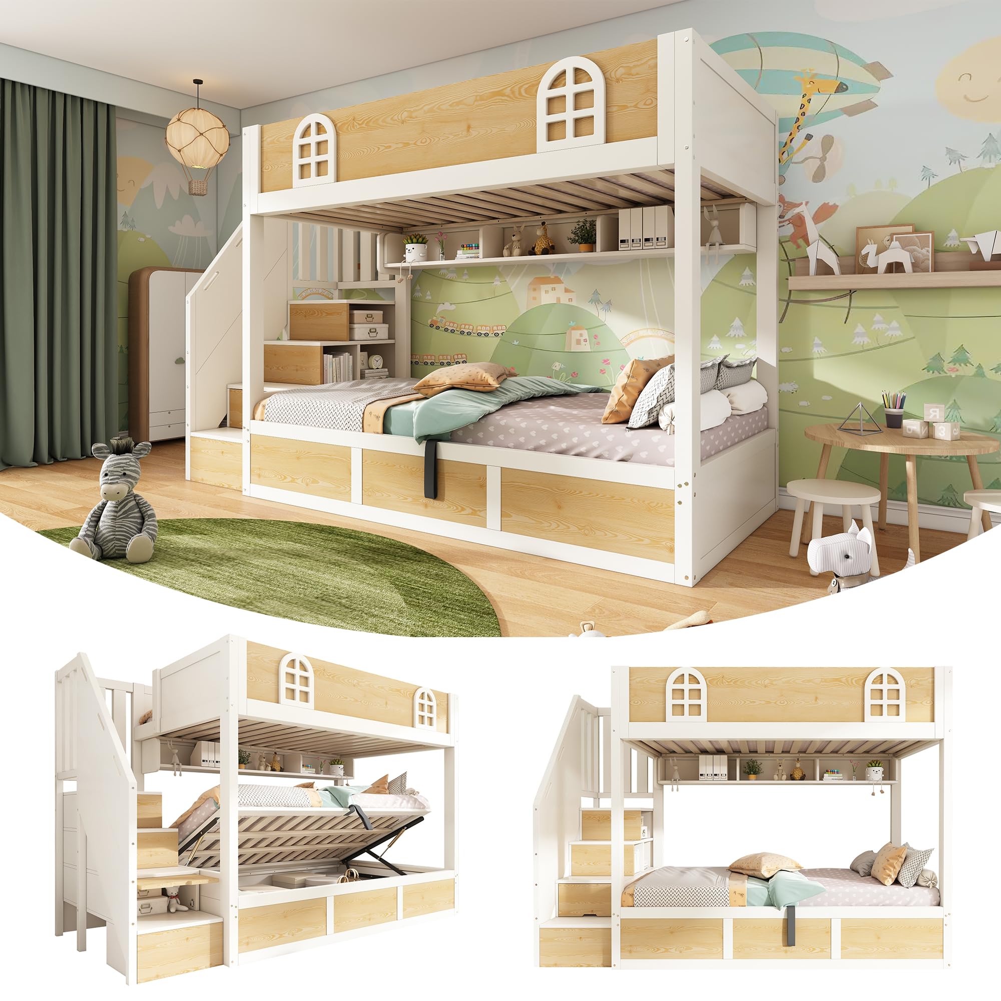 Letto a castello per bambini, 90 x 200 cm, con armadio per scale e vano portaoggetti, letto a castello doppio bianco e naturale, con ringhiere di sicurezza e rete a doghe, senza materasso