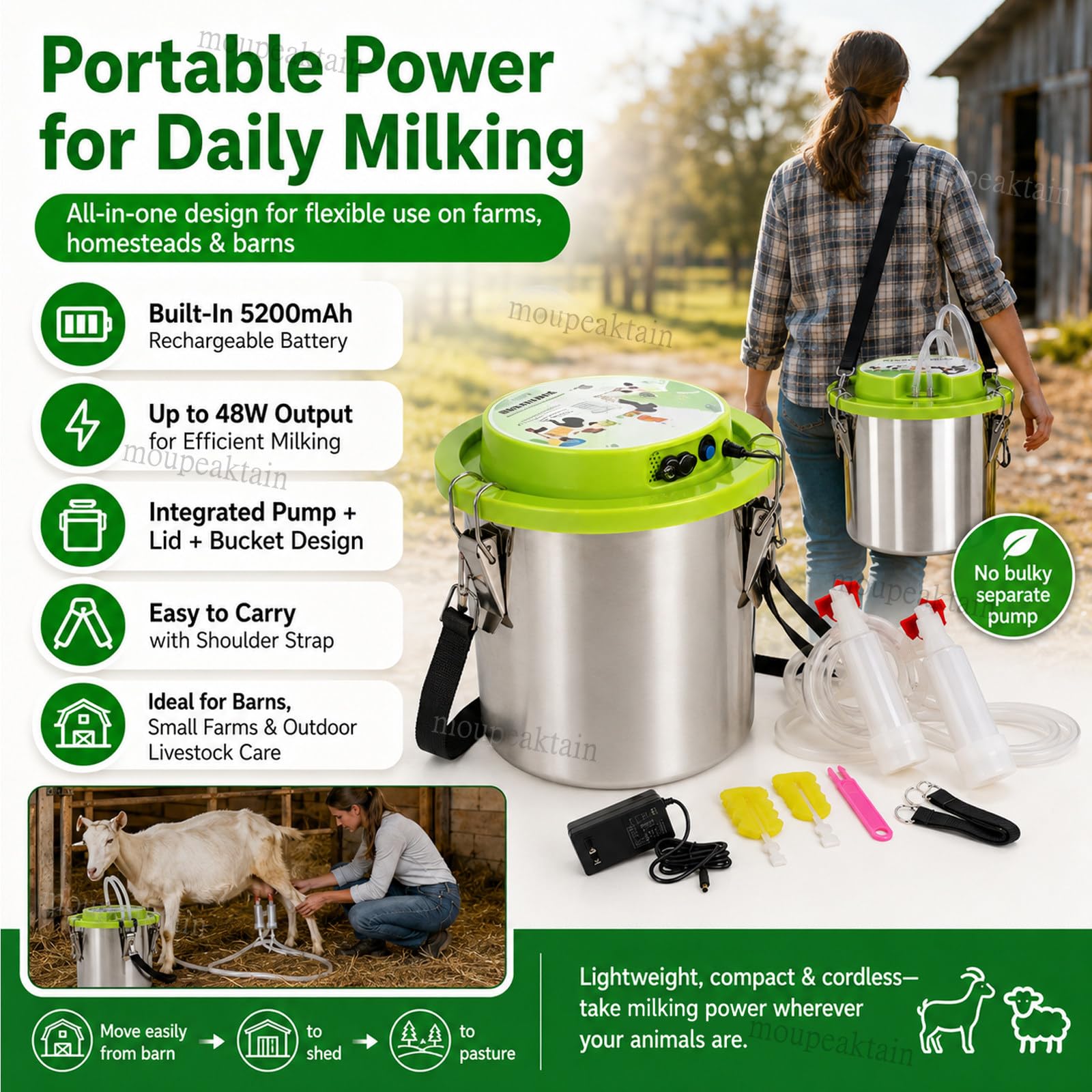 Ordeñadora Eléctrica para Vacas y Cabras 12L, Máquina de Ordeño Portátil Recargable con Batería 5200 mAh, Pulsación Suave, Parada Automática, Cubo INOX y Tubo de Silicona Sheep
