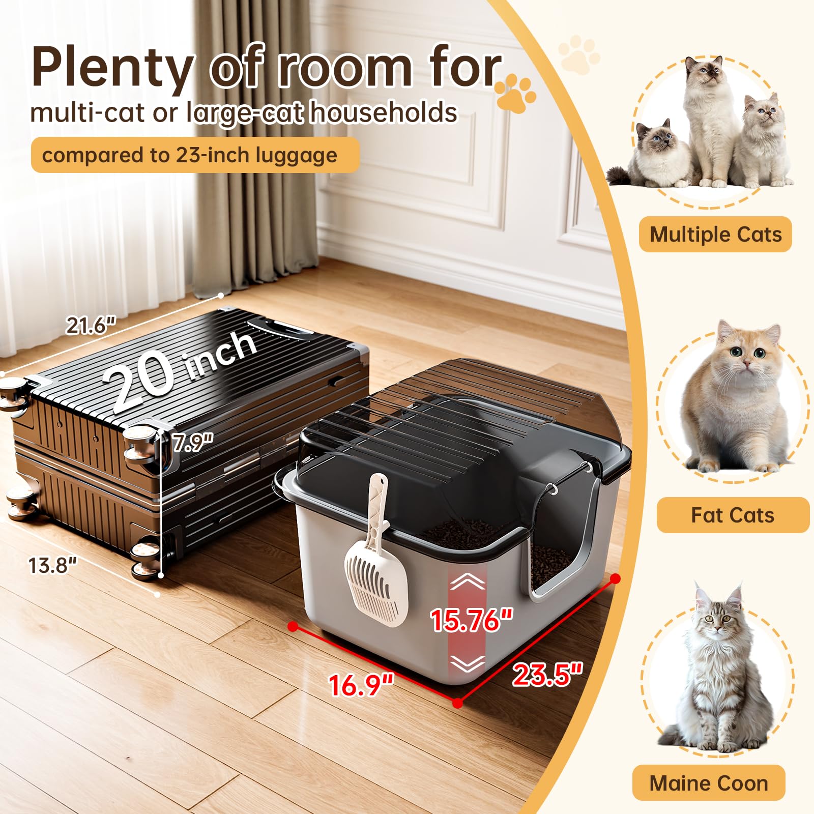 Oneluck Caja de arena grande para gatos con cubierta, alfombrilla y cuchara, caja de arena cerrada para gatitos con tapa y solapa de puerta delantera para portabilidad y privacidad, gris