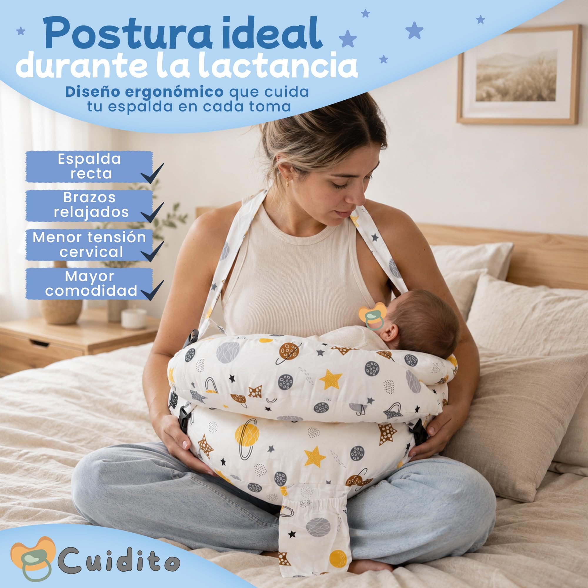 Cojín de Lactancia Ergonómico con Cinturón Ajustable para Cintura y Cuello | Soporte Anticaída para Bebé | Funda Desenfundable y Lavable | Almohada de Lactancia para Dar el Pecho y Biberón