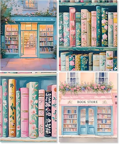 LUKIPOM Juego de 4 impresiones artísticas para pared de librería floral rosa vintage de 8 x 10 pulgadas, arte de pared de libros botánicos retro