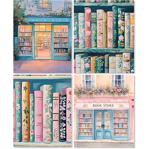 LUKIPOM Vintage Pink Floral Bookstore Wall Art Prints 8x10 Set of 4, Retro Botanical Book Wall Art Posters for Bookstore Bookshop Library Reading Room Nook Corner Classroom Decor, Unframed
