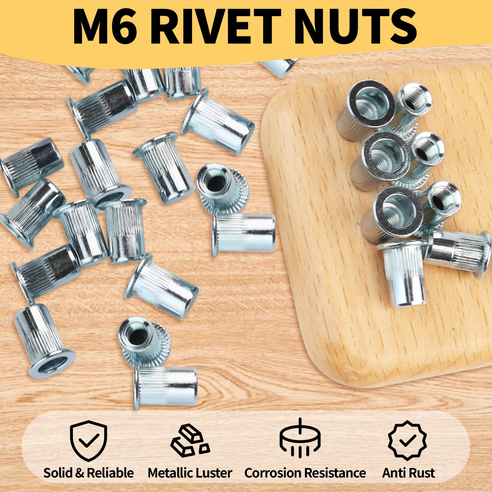 100 dadi rivettati, rivetti metrici, dadi rivetti M6 a testa svasata, filettatura Rivet Nutsert testa piatta con scatola, M6 rotondi, rivetti filettati per pannelli di plastica in metallo