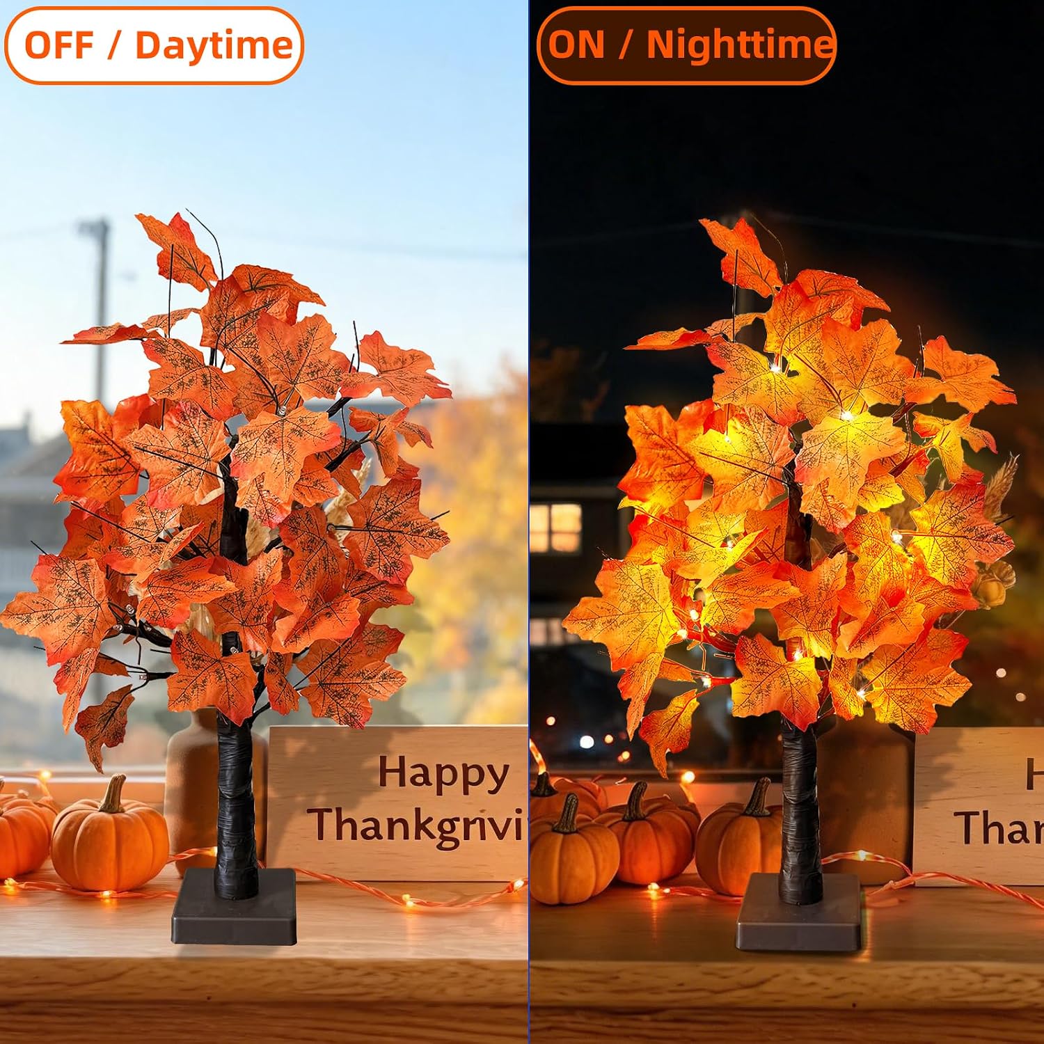 24 Inch Fall Tree with 24 LED - Warm White Lighted Fall Trees Battery Operated Artificial Maple Tree for Fall Thanksgiving Table Centerpiece