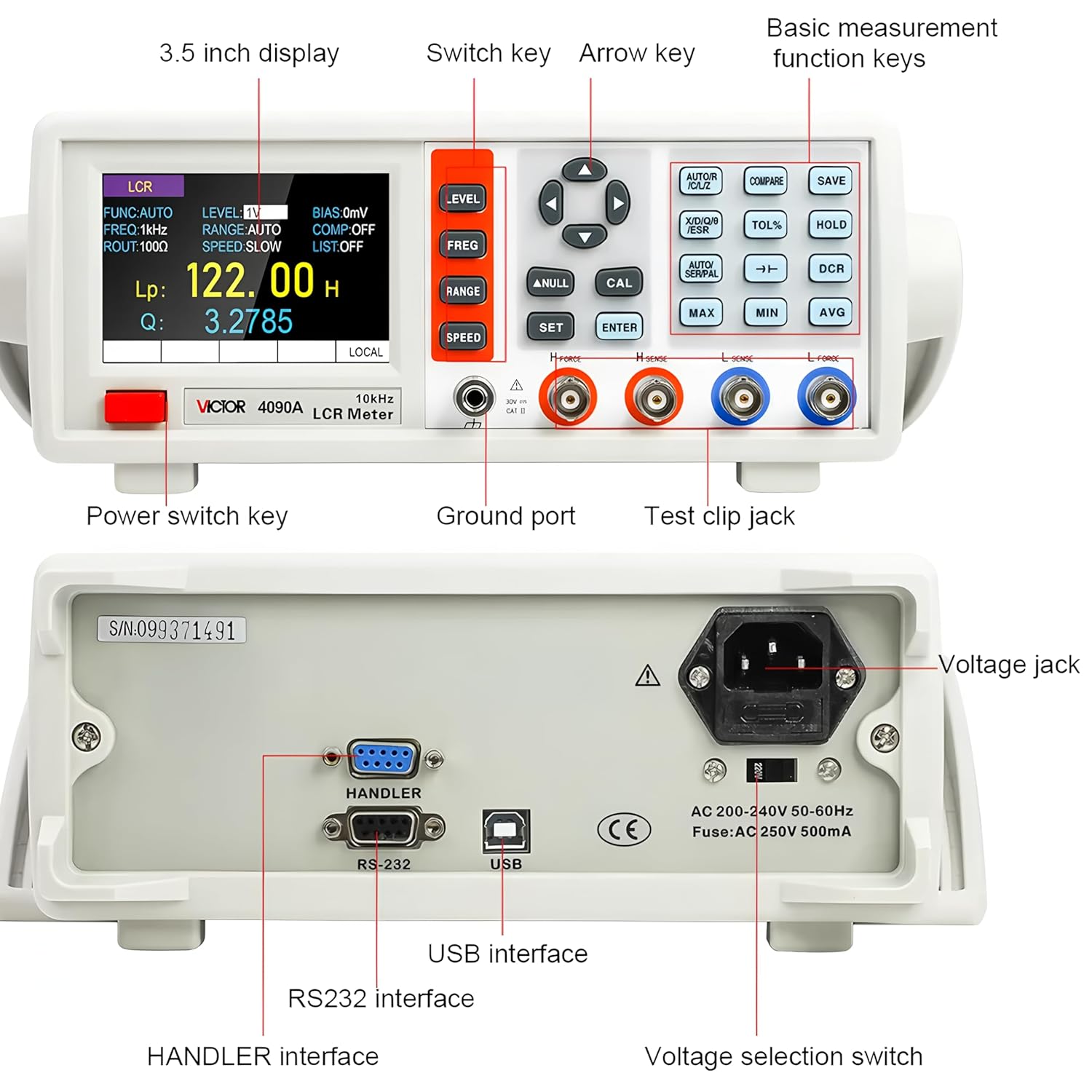 4091A 4091B 4091C Digital Bench-Type LCR Meter 10-10 KHZ Kelvin Clamp RS232 Interface(RUOSHUI 4091A)