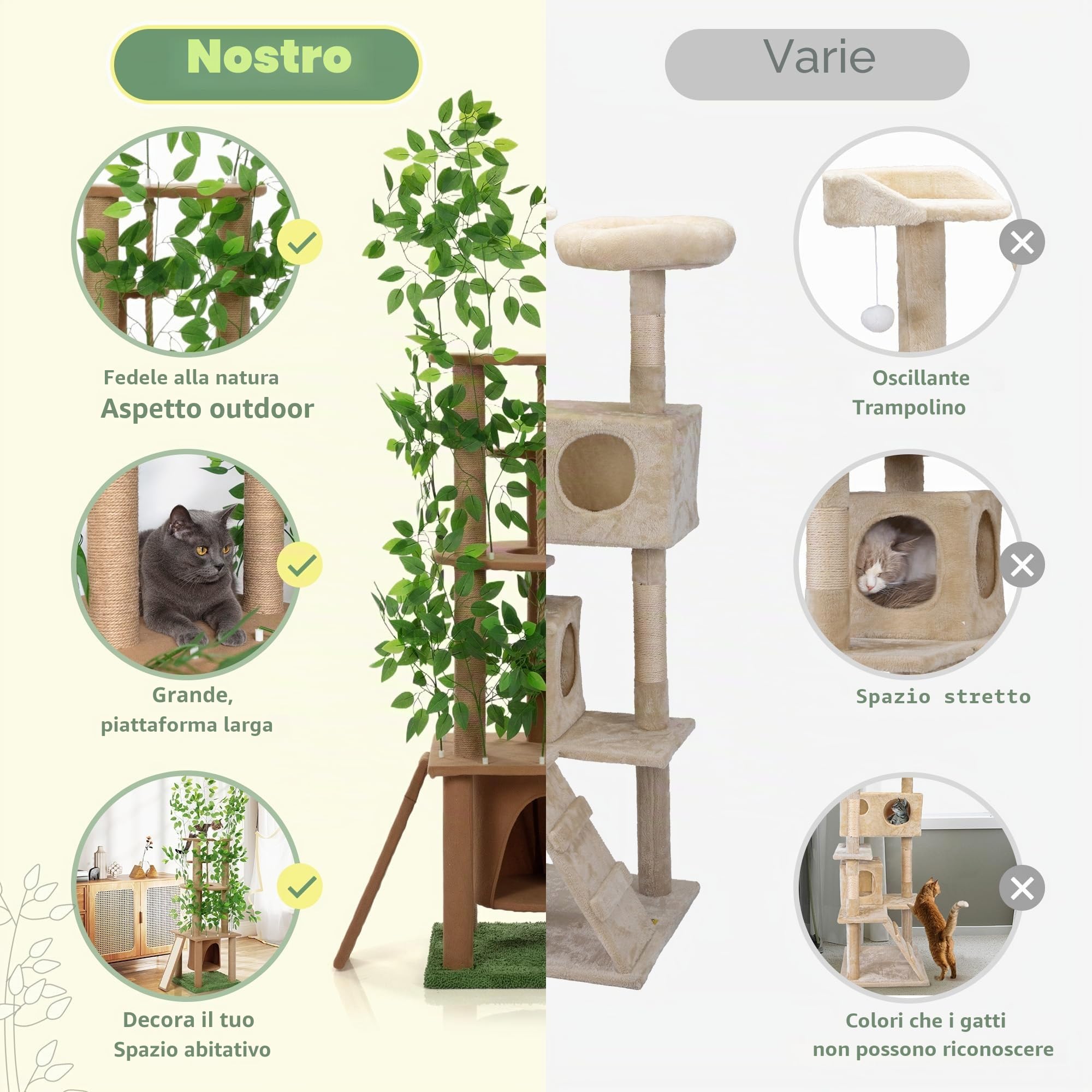 Albero tiragraffi ultra alto a 5 gradini (185 cm), in legno naturale con piante verdi artificiali, versatile per un piacere naturale di arrampicata