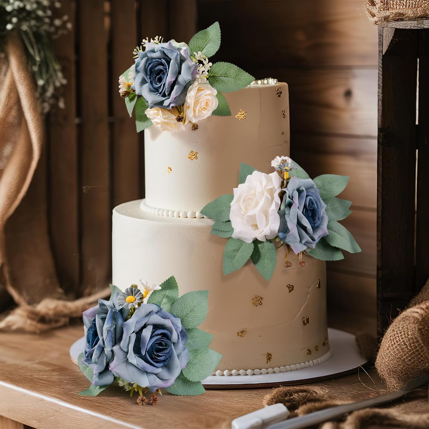 3 PCS Wedding Cake Flowers Artificial Roses with Greenery Floral Cake Decoration (Blue Roses)