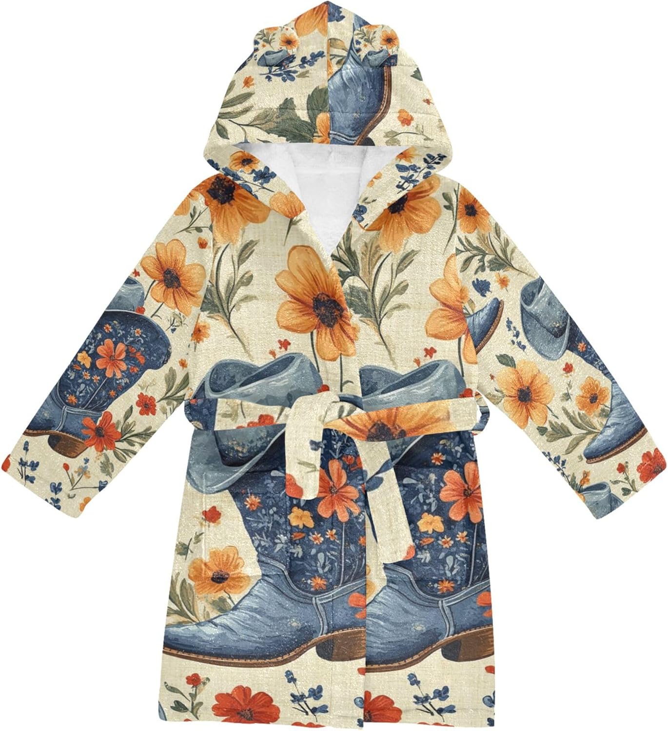 Cowboy Hat and Cowboy Boots Flowers Bathrobe Hooded PJ Robe Soft Fleece Robe Pajama Sleepwears 2-12 Years