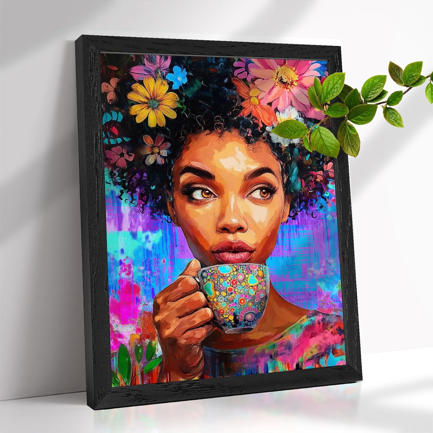 TavoIinda African American Woman Reading in Flower Garden Framed Canvas Wall Art - Botanical Literary Canvas Print on Wood Frame, Inspiring Library & Bedroom Home Decor