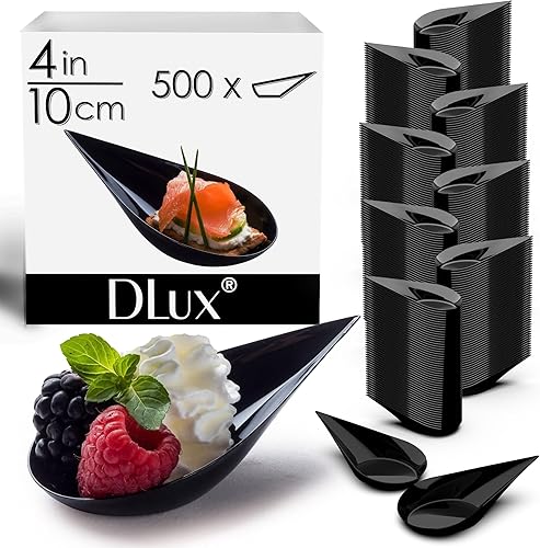 DLux 500 mini platos para aperitivos de 4 pulgadas, cucharas de plástico negro reutilizables, platos de postres y aperitivos, platos para servir,