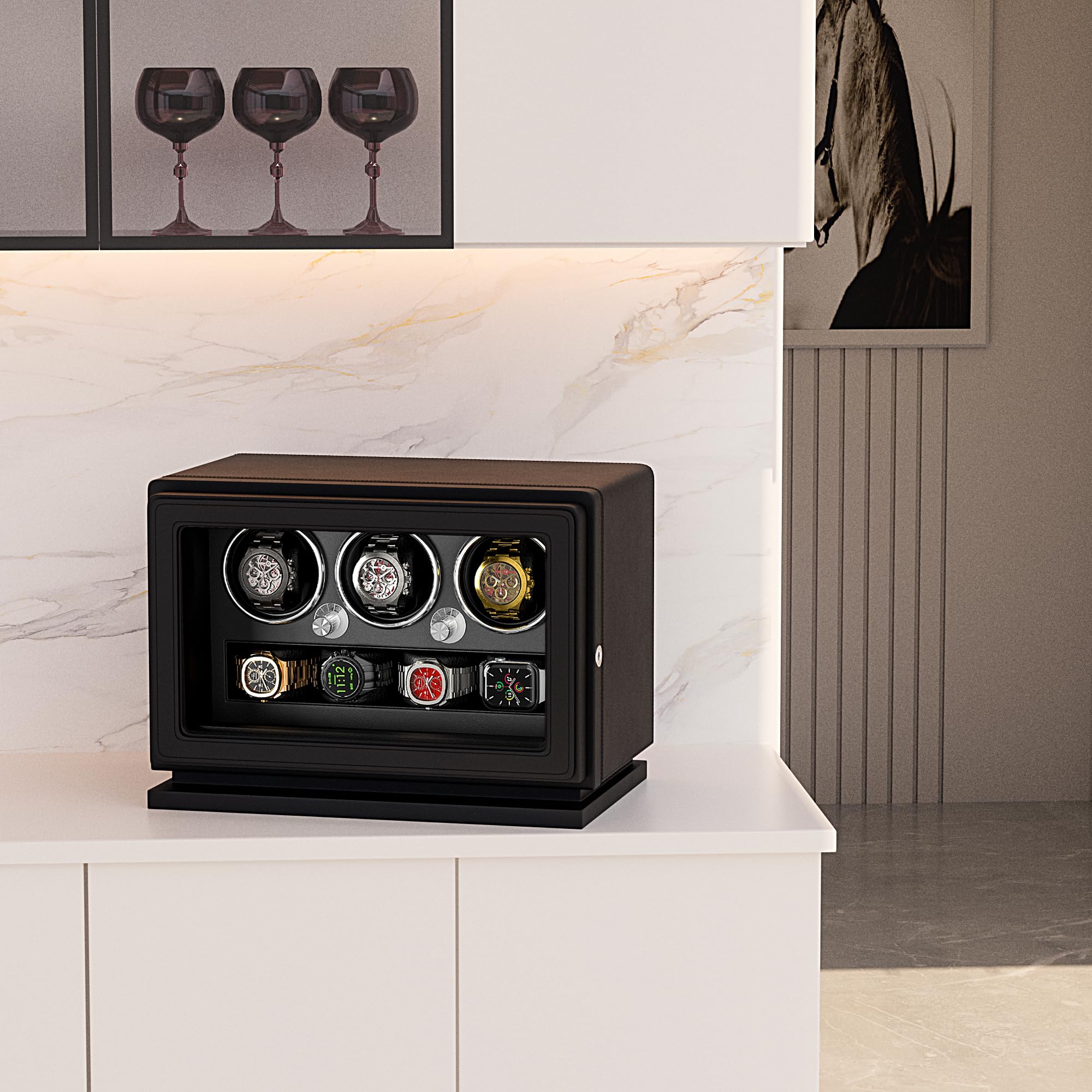 Uhrenbeweger, 2-in-1-Uhrenbeweger mit Schlüsselschloss für 3 Automatikuhren mit 4 Rotationsmodi, Mikrofaserleder, Verstellbarem Uhrenkissen, Leisem Motor und Weißem Licht für Damen & Herren