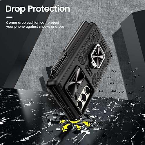 Miniatura 8 de VEGO Funda para Galaxy Z Fold 5 con soporte para S Pen (protección de bisagra), soporte magnético de anillo de 360, cubierta de cámara deslizante,