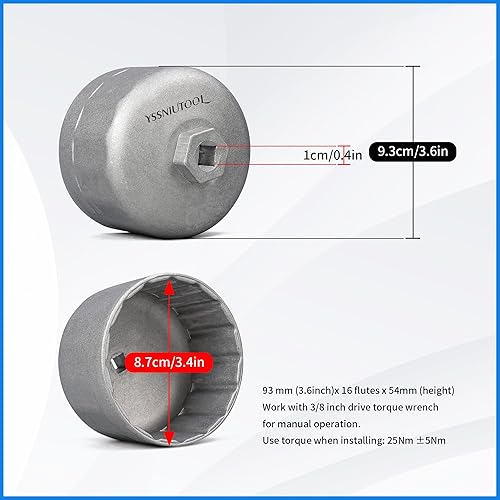 Miniatura 7 de YSSNIUTOOL Llave de filtro de aceite de 16 flautas de 3.409 in para Volvo y BMW con tapas de carcasa de filtro de aceite estilo cartucho de 16