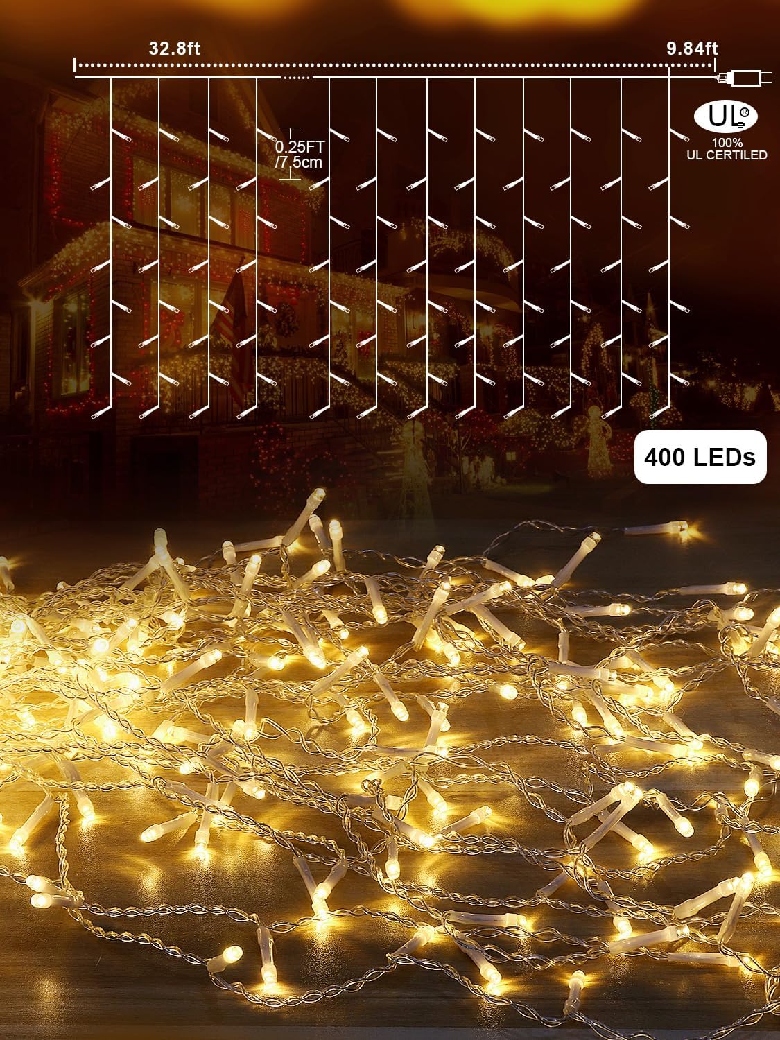 32.8FT Icicle Lights, Christmas Outdoor with 400LED 75 Drops, IP65 Waterproof Eaves Lights, 8 Modes, for Christmas Eaves Garden Room Decoration Warm White