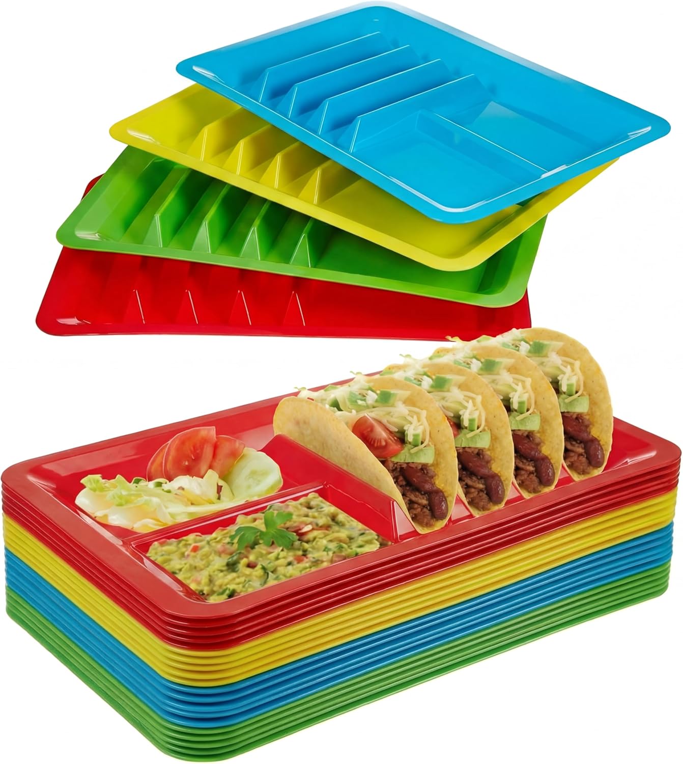 Uiifan 24 Pcs Colorful Plastic Taco Plates for Party with Stand up Divider for 3 Tacos and 2 Dipping Areas Trays for Mexican Party Fiesta Microwave Dishwasher Safe