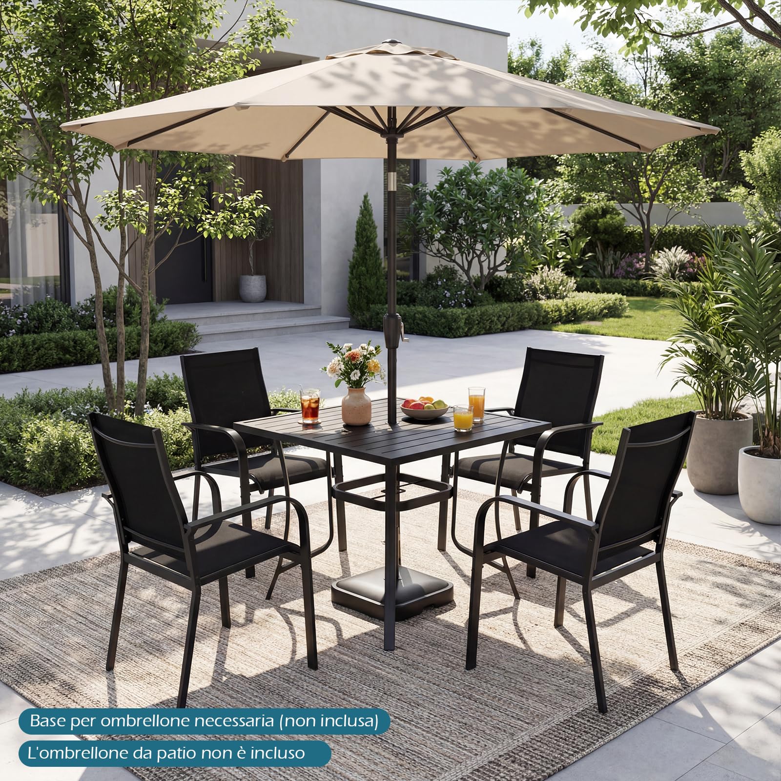 COSTWAY Tavolo Esterno in Metallo, con Foro per Ombrellone, Tappo per Foro, Tavolo Caffè Quadrato per Patio Cortile Piscina, 91 x 91 x 73 cm