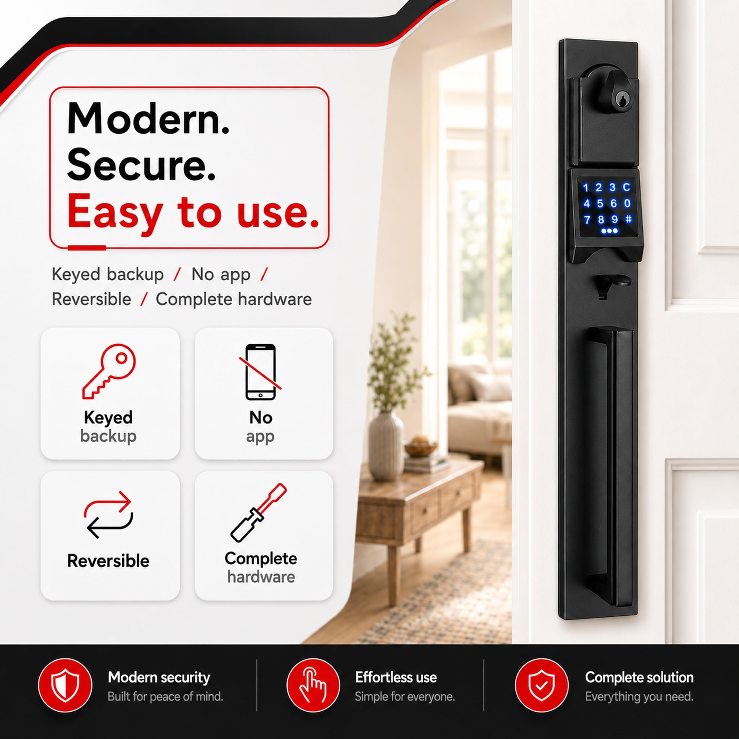 Cerradura de Puerta Electrónica Inteligente con Teclado para Puerta Doble, Manija Electrónica sin Llave Cerradura (Juego de Llaves y Ficticio), MMDHST2016DB-E-SET-1