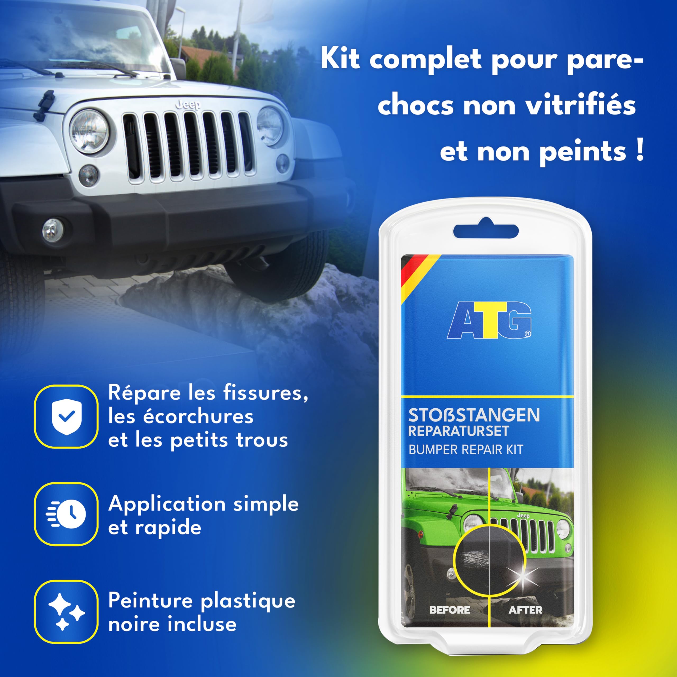 ATG® Kit Réparation Pare Choc Noir – Efface Rayure Plastique, Rénovateur Plastique Extérieur, Peinture Plastique Noir & Mastic Réparation