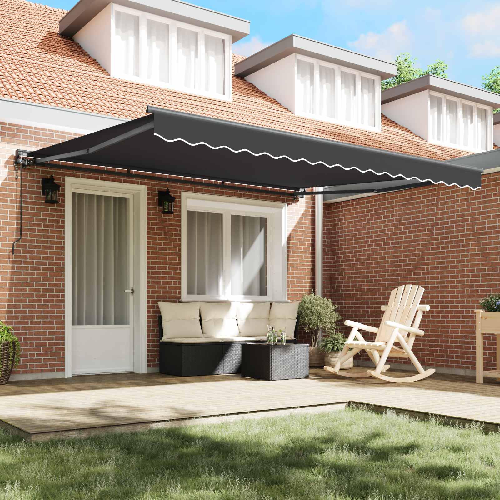 Toldo de brazo articulado para terraza, toldo retráctil, semicasete, antracita, 400 x 300 cm, manivela manual, mando a distancia eléctrico, tela de poliéster recubierta de poliuretano