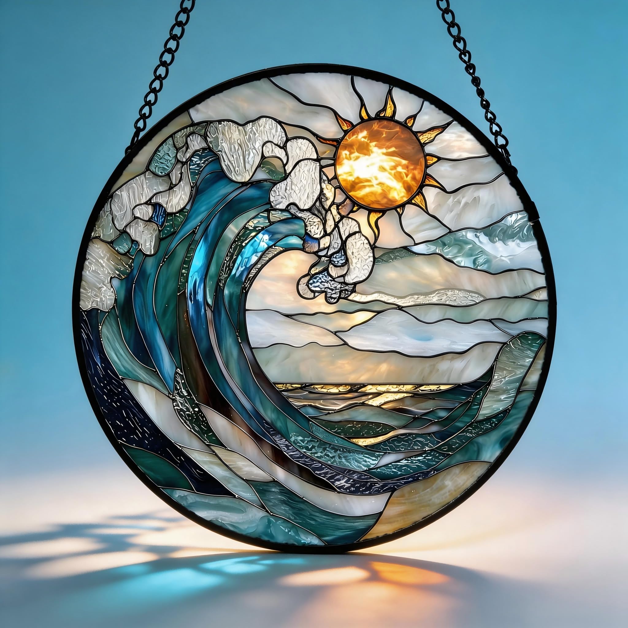 Minwegi Multicolor Acrylic Sun Catcher For Windows - Ocean Wave & Sun Design Hanging Ornament, 15X15cm With Pre-Installed Chain, Durable Home Decor Gift