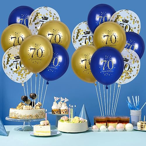 Miniatura 5 de RUMIA Globos de látex de 70 cumpleaños azul marino y dorado, 15 unidades, globos de látex con confeti de feliz cumpleaños 70 para hombres y mujeres,