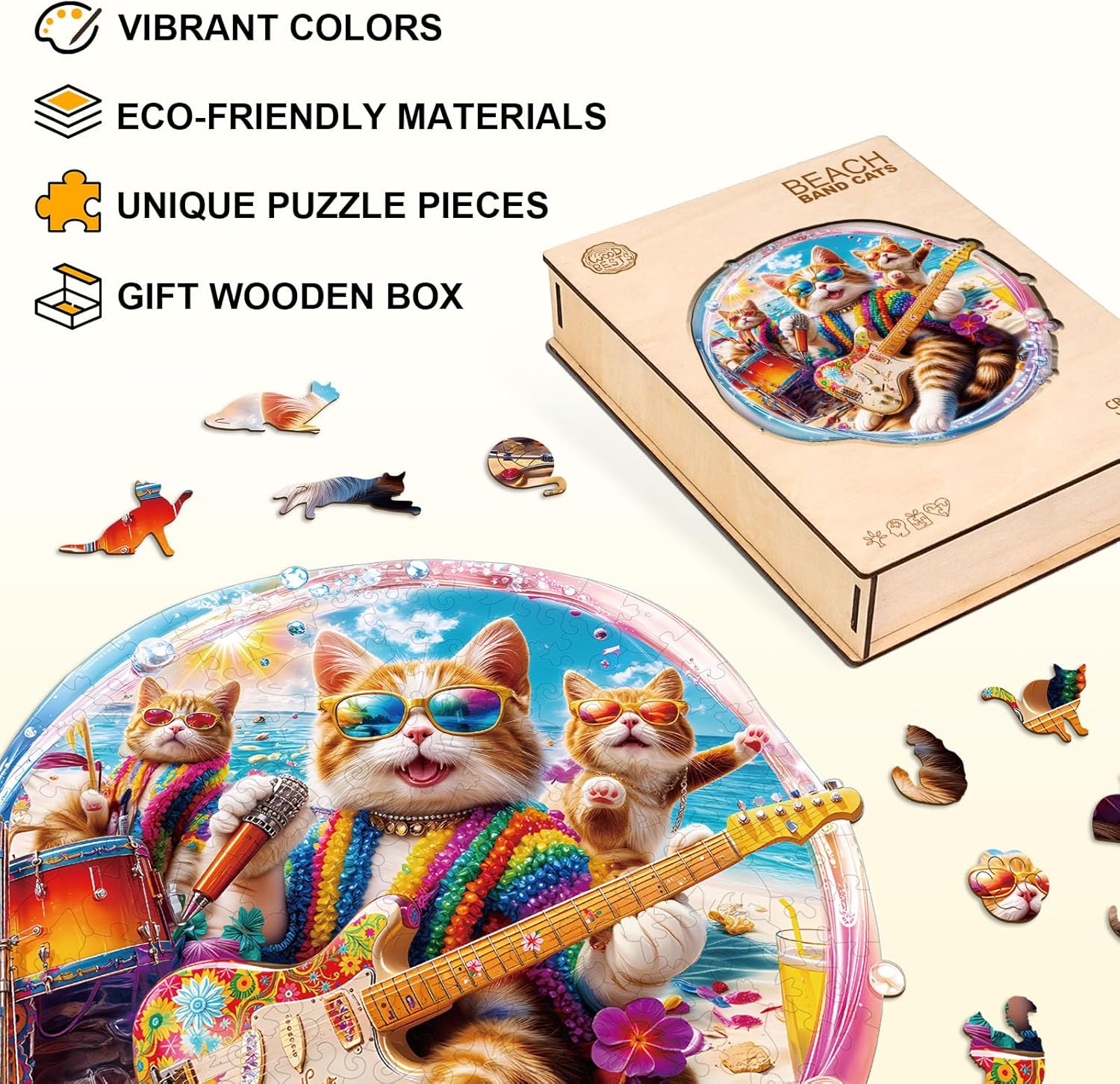 Wooden Puzzles for Adults, Beachband Cats Wood Puzzles Adult, Unique Animal Shaped Wooden Jigsaw Puzzle, Creative Birthday Gifts for Friends/Family/Puzzle Lovers, Home Decor(S-8.5 * 8.4in 95pcs)