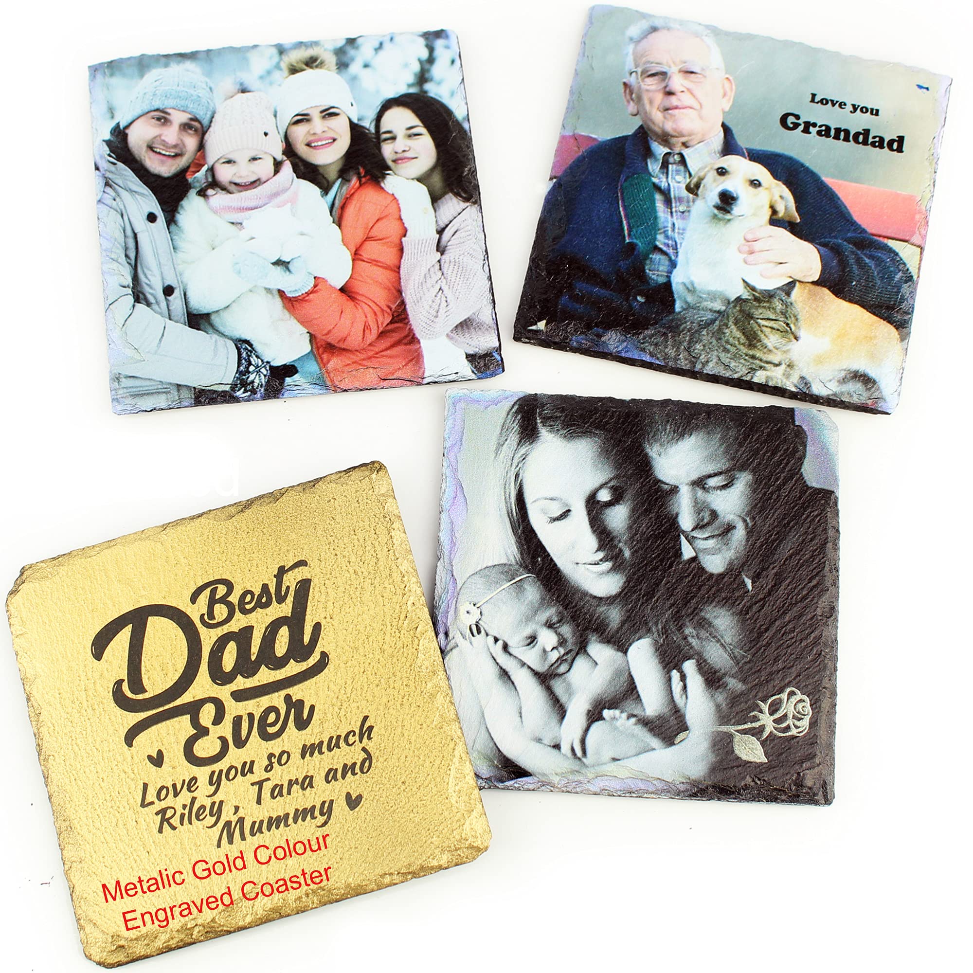 Photo Printed Engraved Slate Coasters Personalised 4 Set Fathers Day Special Occation Photo and Engarved keepsakes gift