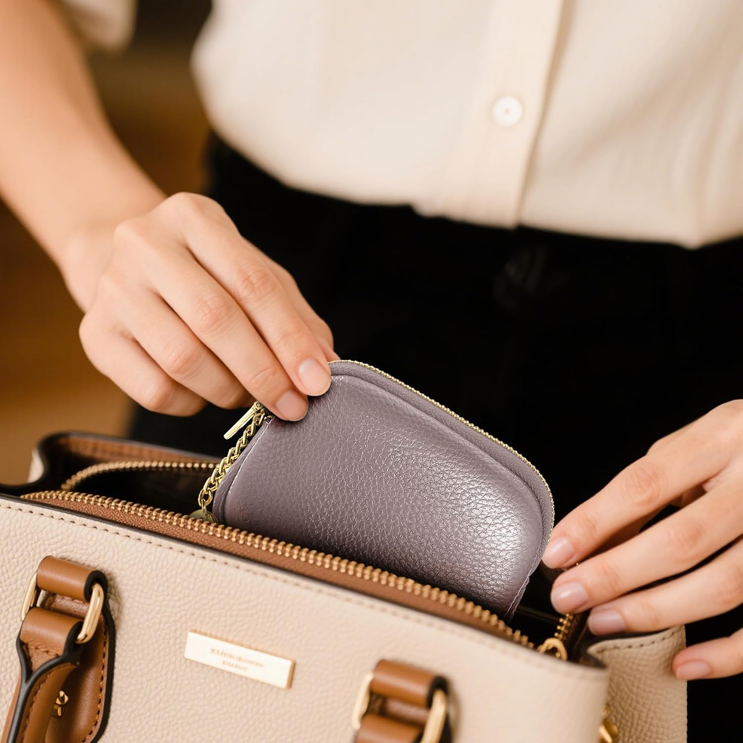 Genuine Leather Coin Purse, Small Change Purse Keychain Wallet for Women, Mini Coin Pouch with Zipper, Purple - Image 7