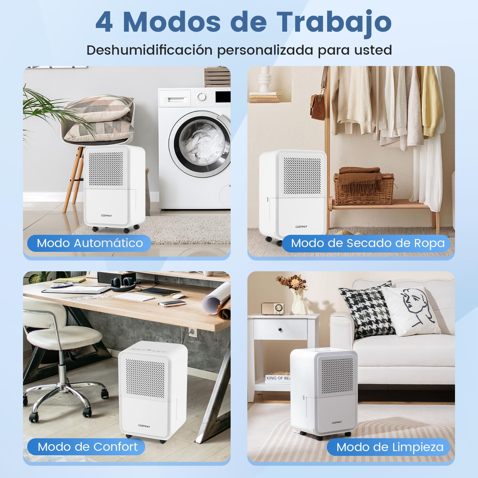 COSTWAY 15L Deshumificador de Humedad, Deshumidificador Silencioso con 4 Modos, Temporizador 24H, Pantalla Digital, Drenaje Continuo o Manual, Auto Descongelación para Sótano, Baño, Dormitorio