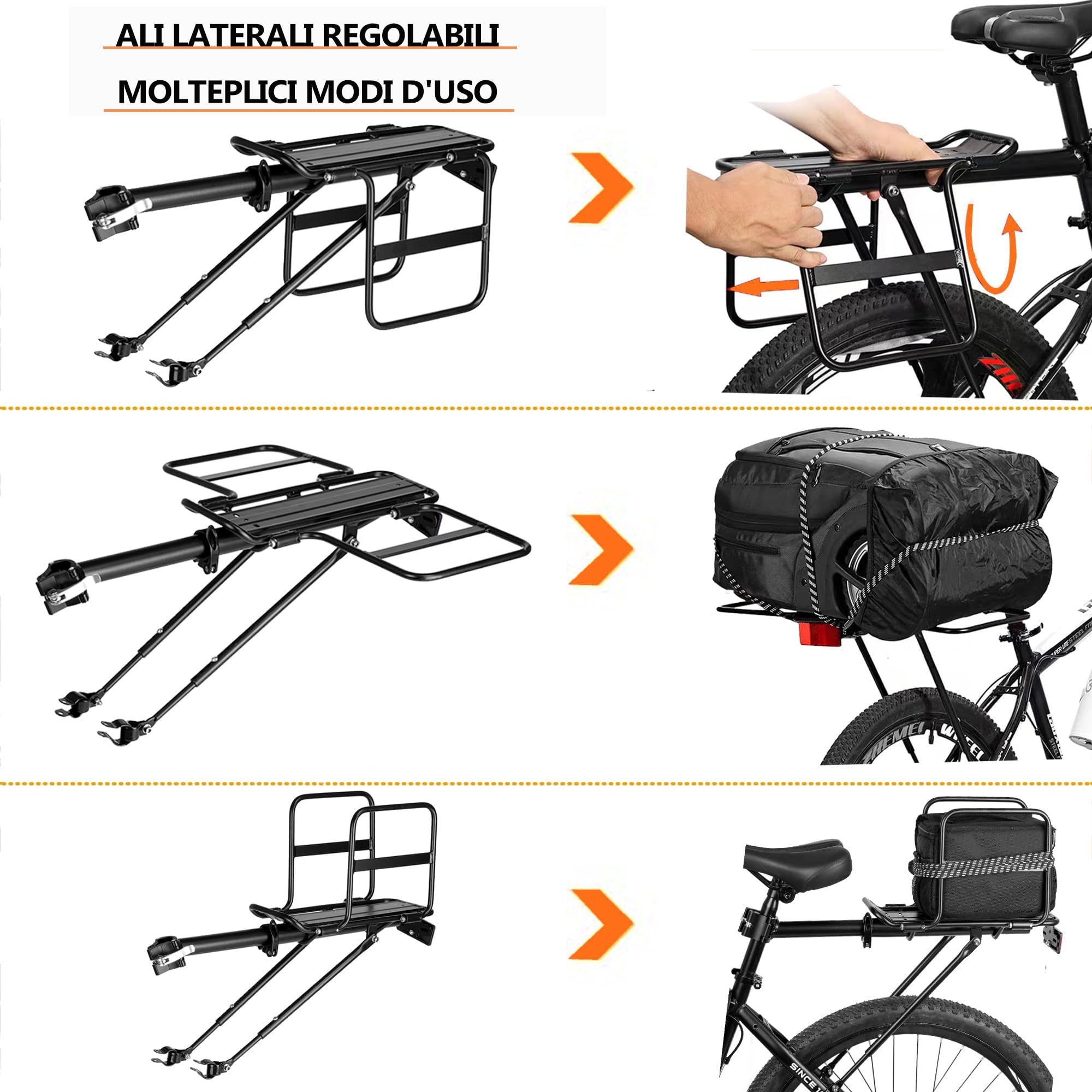 Portapacchi Posteriore per Bicicletta, Portapacchi Pieghevole con Alette Larghe, Sgancio Rapido, Universale, Grande Capacità, Altezza Regolabile, Adatto per 61-73,5 cm