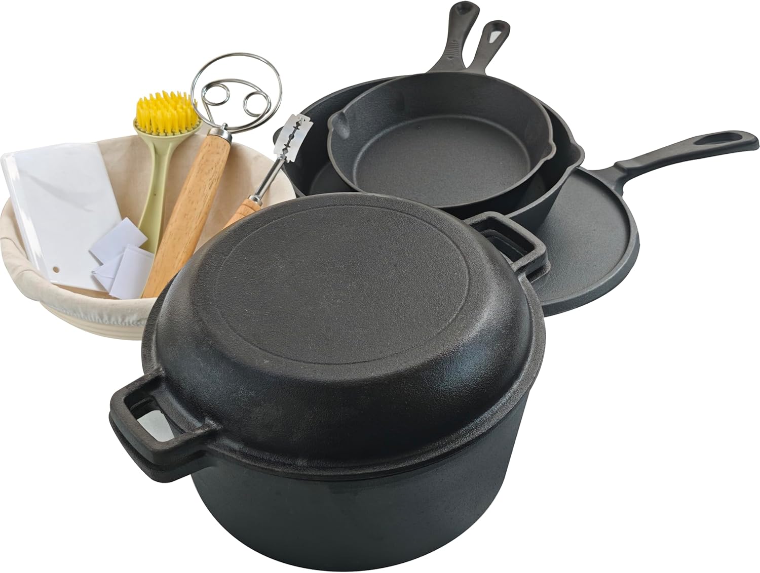 2-In-1 Seasoned Cast Iron Dutch Oven - With Cast Iron Skillet 3-Piece Set Loaf Oven Pan,Banneton Bread Proofing Basket set for home baking